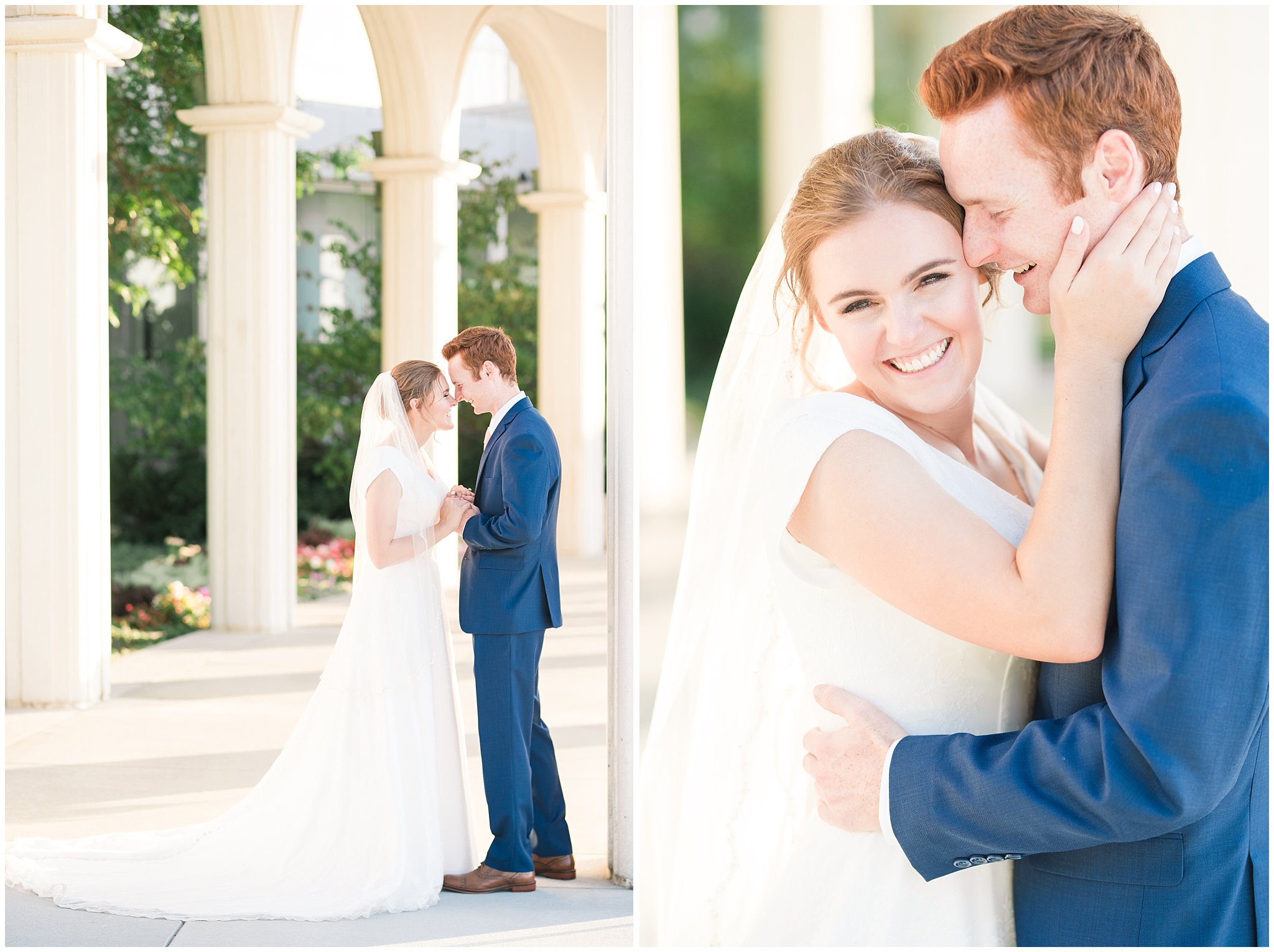 Bride and groom portraits with bride in simple elegant dress and veil, and groom in blue suit with blush tie at the Bountiful Temple | Bountiful Temple Summer Formal Session | Utah Weddings | Jessie and Dallin Photography