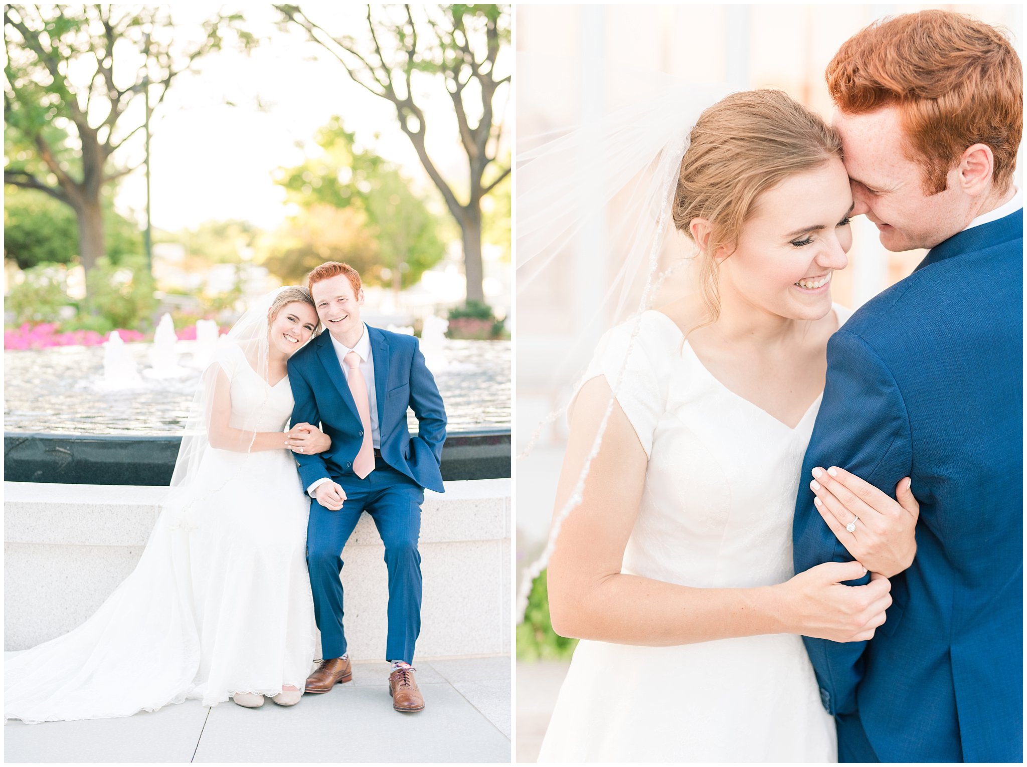 Bride and groom portraits with bride in simple elegant dress and veil, and groom in blue suit with blush tie at the Bountiful Temple | Bountiful Temple Summer Formal Session | Utah Weddings | Jessie and Dallin Photography