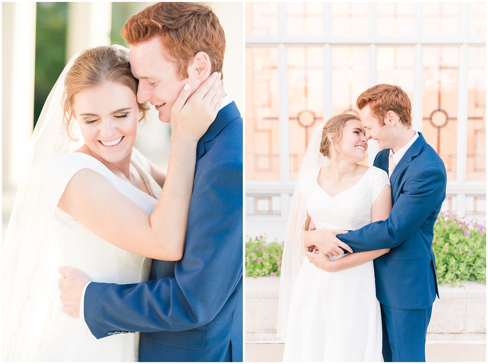 Bride and groom portraits with bride in simple elegant dress and veil, and groom in blue suit with blush tie at the Bountiful Temple | Bountiful Temple Summer Formal Session | Utah Weddings | Jessie and Dallin Photography