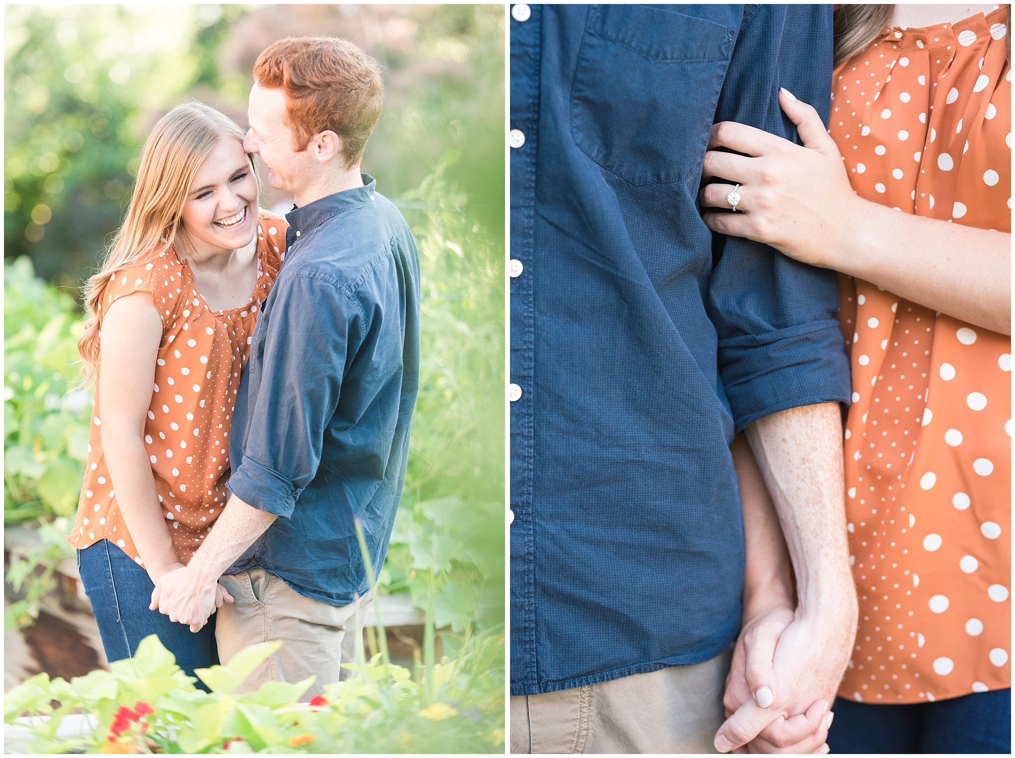 Couple wearing causal outfit during candid engagement photos in a Utah garden | Kaysville Botanical Garden Engagement | Utah Engagement | Jessie and Dallin Photography