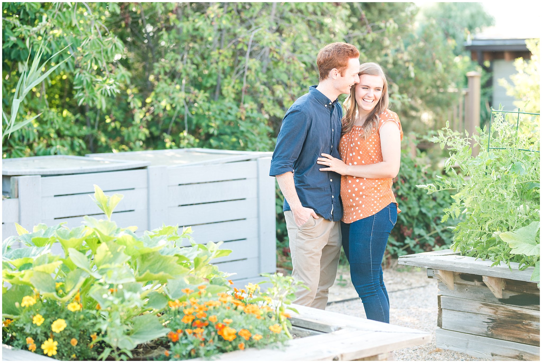 Couple wearing causal outfit during candid engagement photos in a Utah garden | Kaysville Botanical Garden Engagement | Utah Engagement | Jessie and Dallin Photography