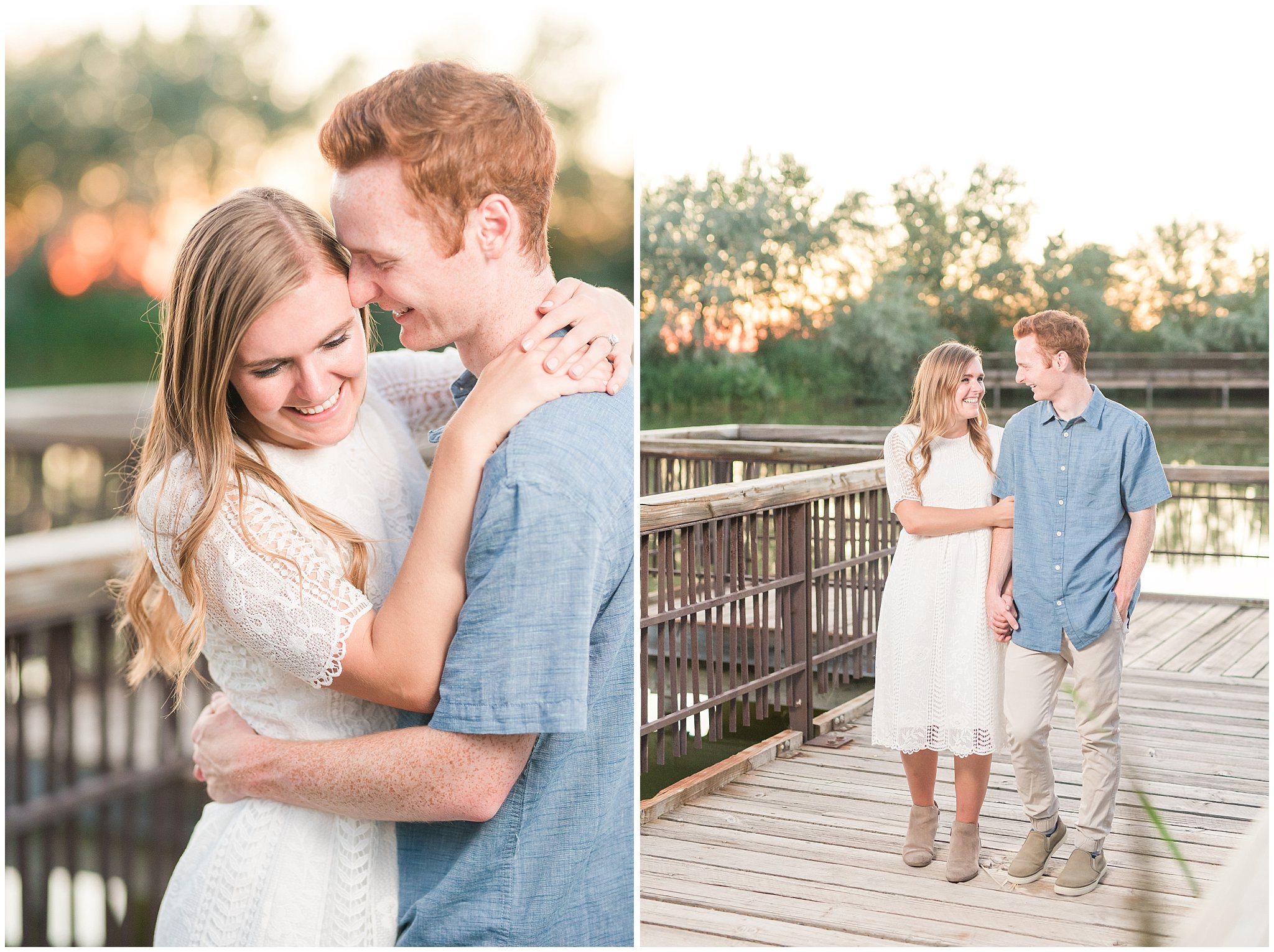 Couple wearing a white lace dress and light blue shirt during candid engagement photos in at a pond with a dock | Kaysville Botanical Garden Engagement | Utah Engagement | Jessie and Dallin Photography