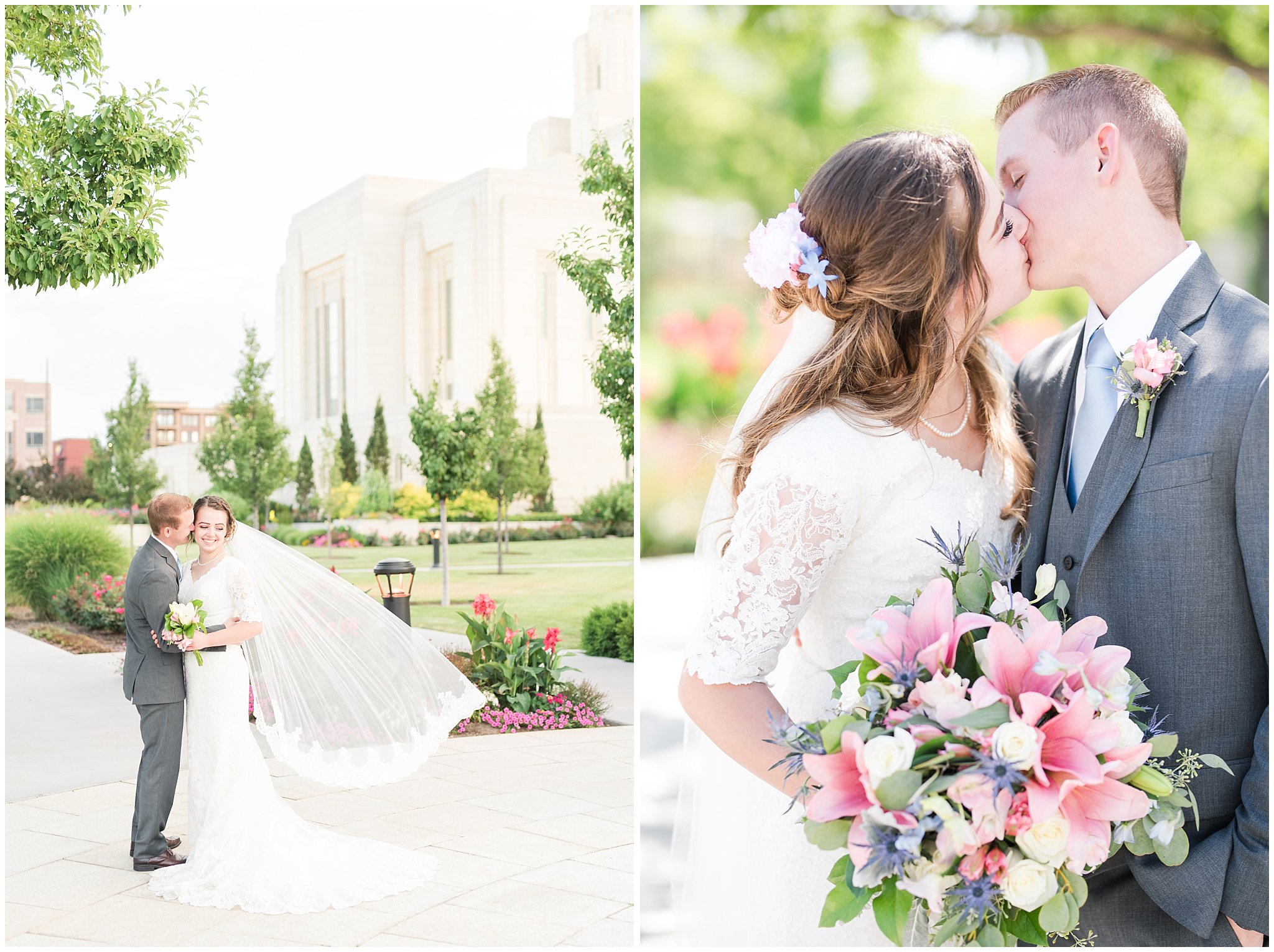 Bride with lace wedding dress and veil and groom wearing grey suit with light blue tie | bride and groom portraits | Ogden Temple Summer Wedding | Jessie and Dallin Photography