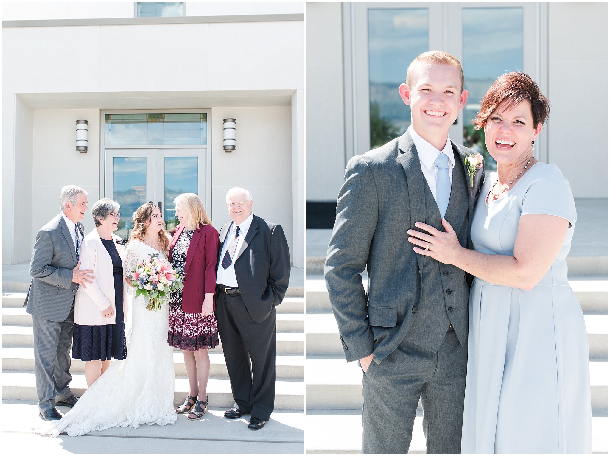 Bride with lace wedding dress and veil and groom wearing grey suit with light blue tie | Family portraits | Ogden Temple Summer Wedding | Jessie and Dallin Photography