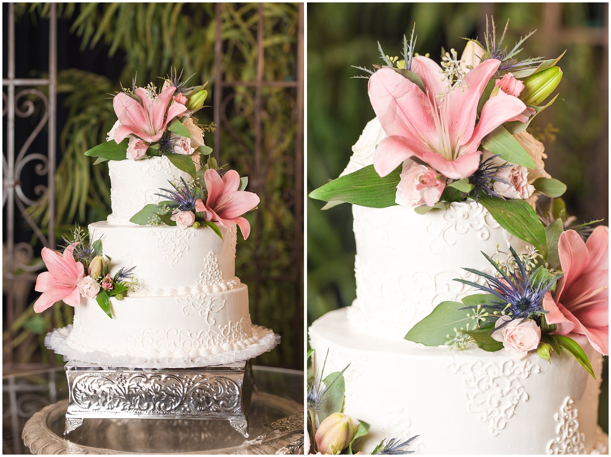 Tropical wedding cake at with iron rentals at Utah reception | Jessie and Dallin Photography