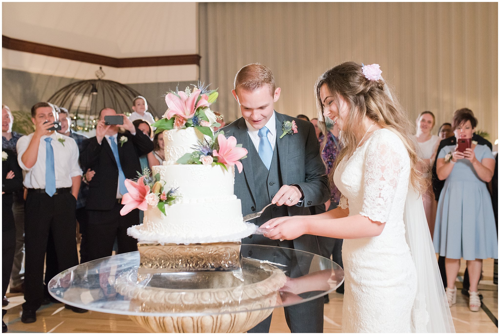 Tropical wedding cake and cake cutting during Utah reception | Jessie and Dallin Photography