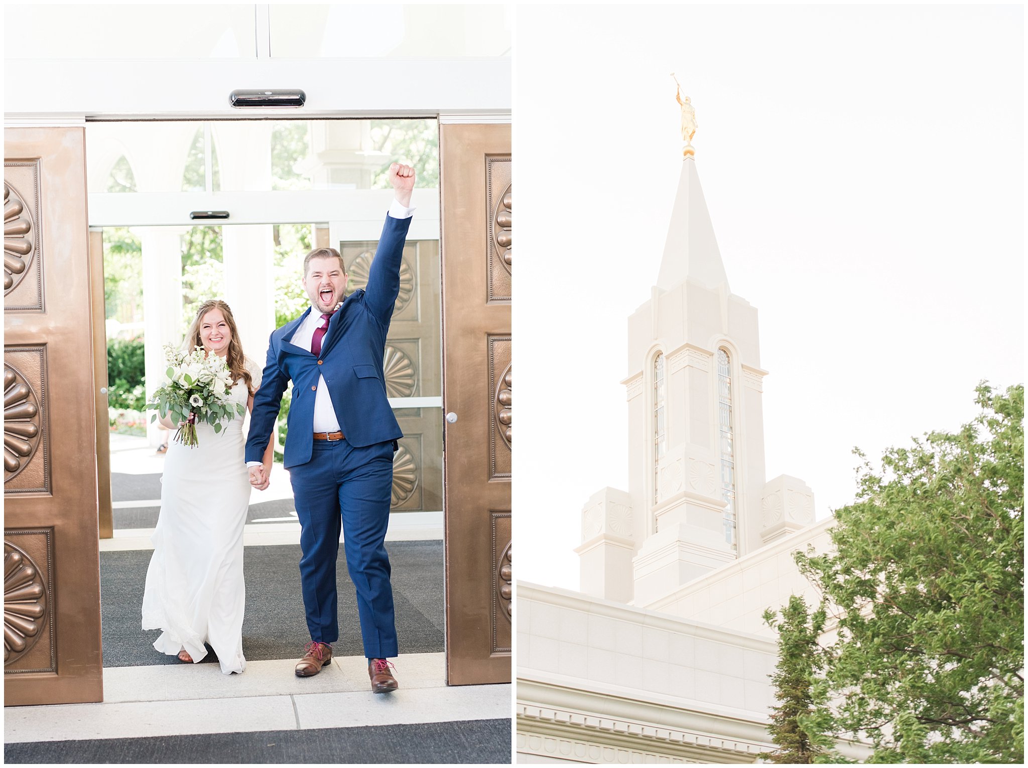 Bride in elegant lace dress, white anemones bouquet, and vintage veil and groom in navy suit with wine colored tie | Summer Bountiful Temple Wedding | Jessie and Dallin Photography