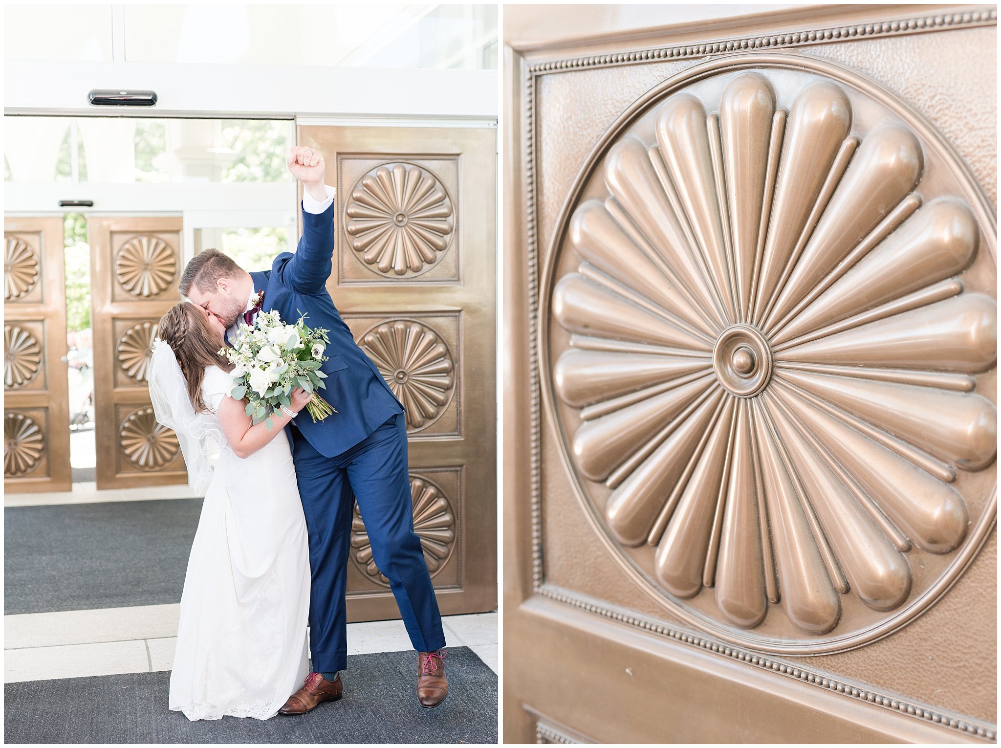 Bride in elegant lace dress, white anemones bouquet, and vintage veil and groom in navy suit with wine colored tie | Summer Bountiful Temple Wedding | Jessie and Dallin Photography