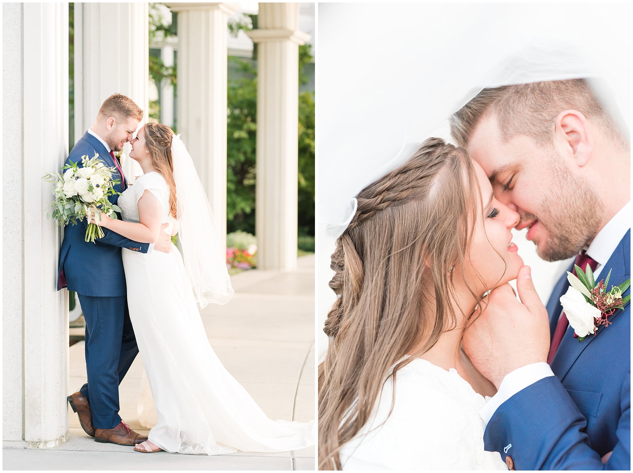 Bride in elegant lace dress, white anemones bouquet, and vintage veil and groom in navy suit with wine colored tie | Summer Bountiful Temple Wedding | Jessie and Dallin Photography