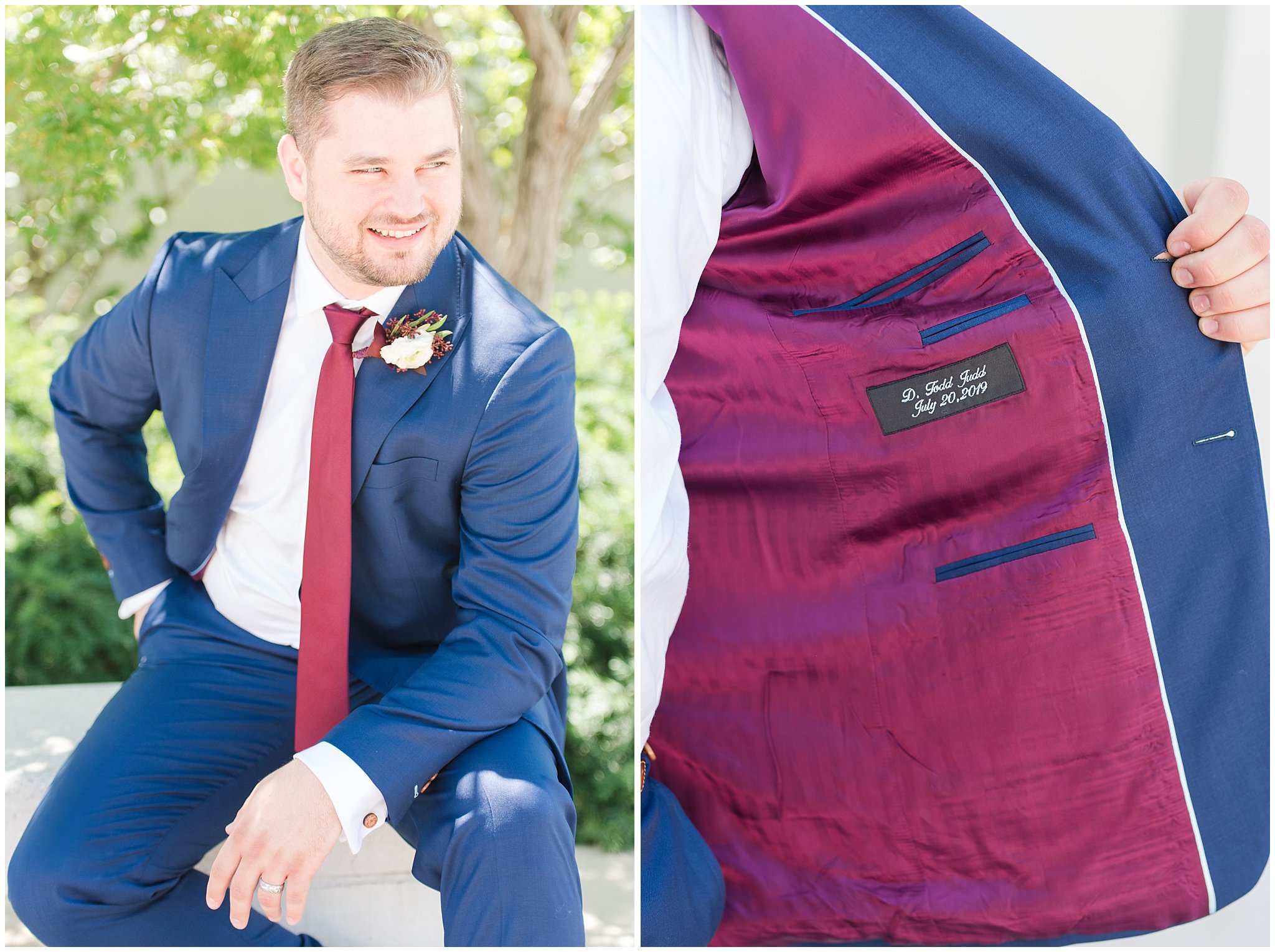 Groom in navy suit with wine colored tie | Summer Bountiful Temple Wedding | Jessie and Dallin Photography