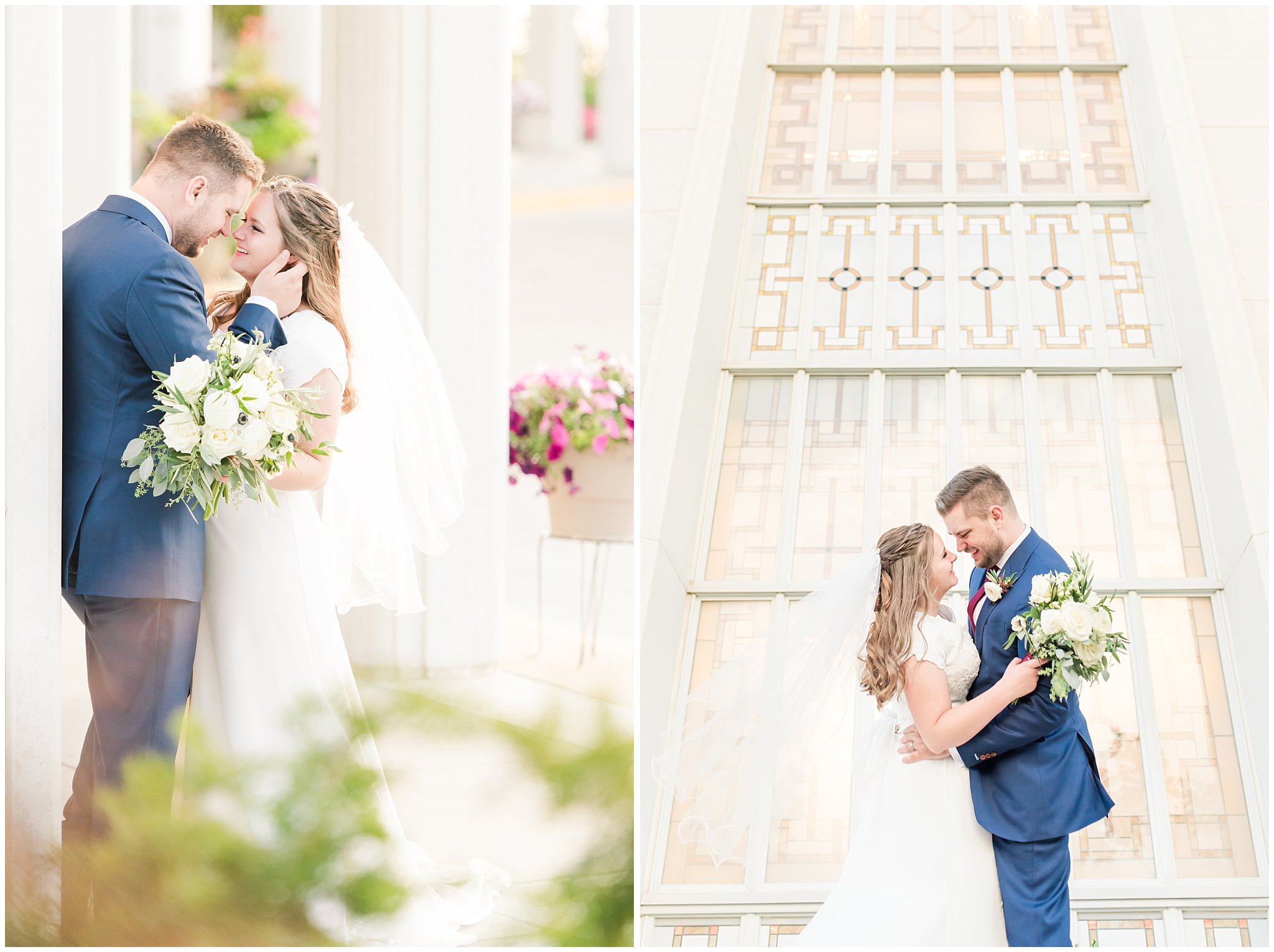 Bride in elegant lace dress, white anemones bouquet, and vintage veil and groom in navy suit with wine colored tie | Summer Bountiful Temple Wedding | Jessie and Dallin Photography