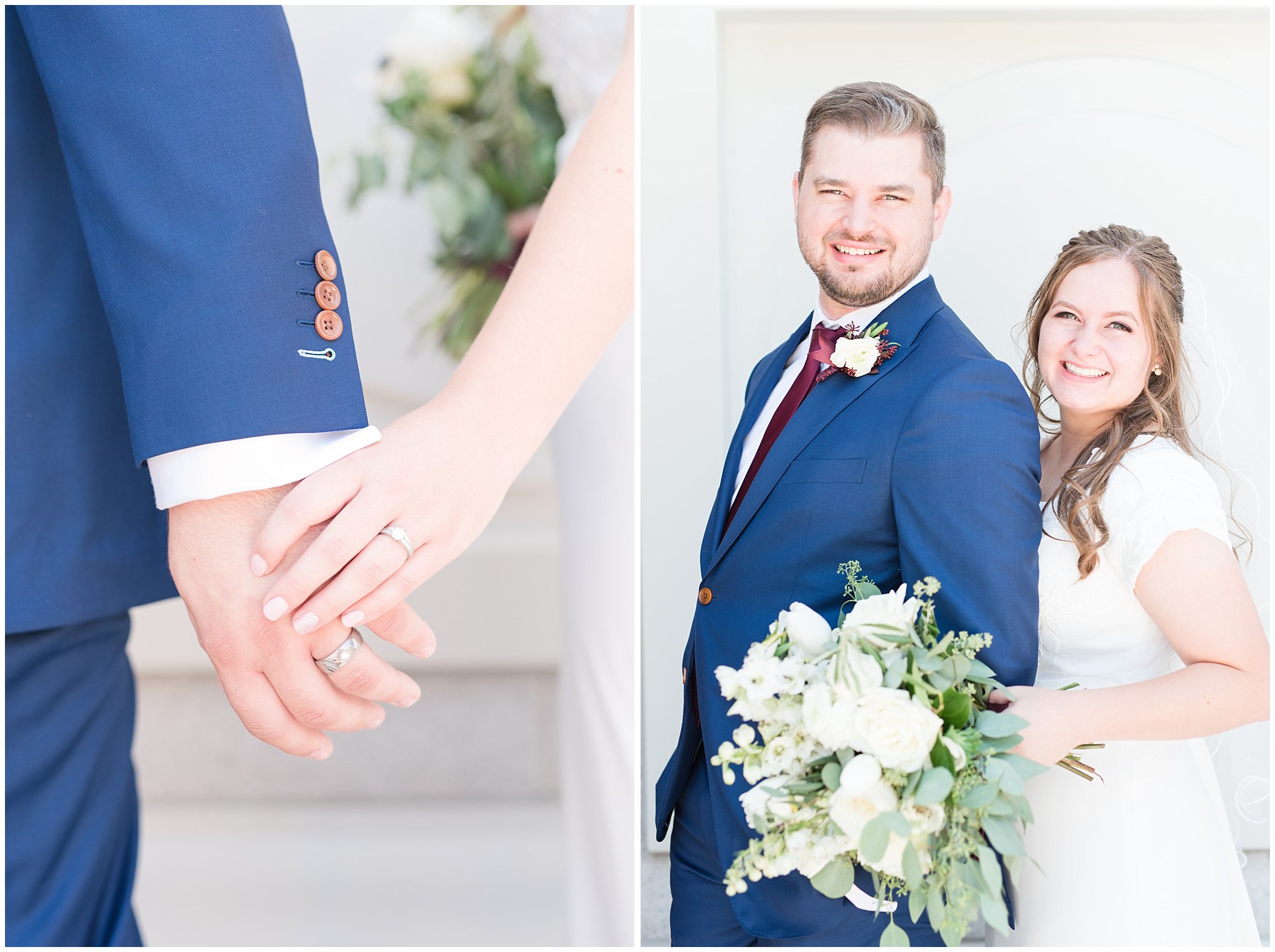 Bride in elegant lace dress, white anemones bouquet, and vintage veil and groom in navy suit with wine colored tie | Summer Bountiful Temple Wedding | Jessie and Dallin Photography