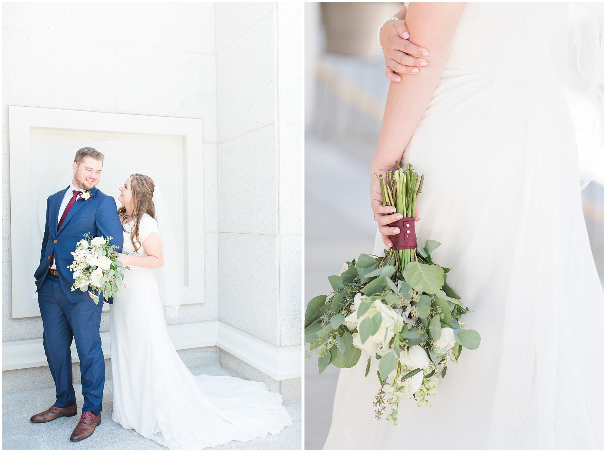 Bride in elegant lace dress, white anemones bouquet, and vintage veil and groom in navy suit with wine colored tie | Summer Bountiful Temple Wedding | Jessie and Dallin Photography