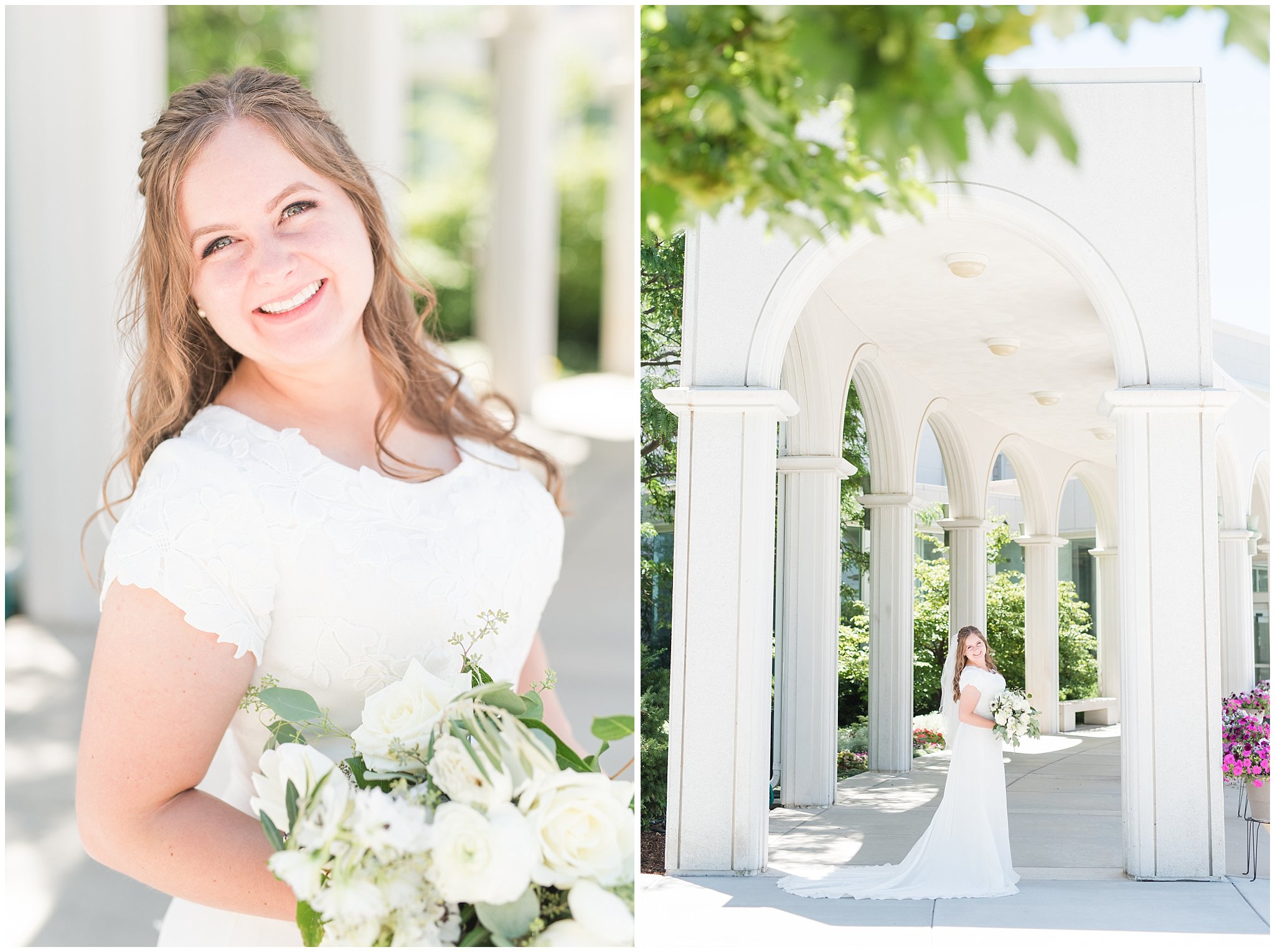 Bride in elegant lace dress, white anemones bouquet, and vintage veil | Summer Bountiful Temple Wedding | Jessie and Dallin Photography