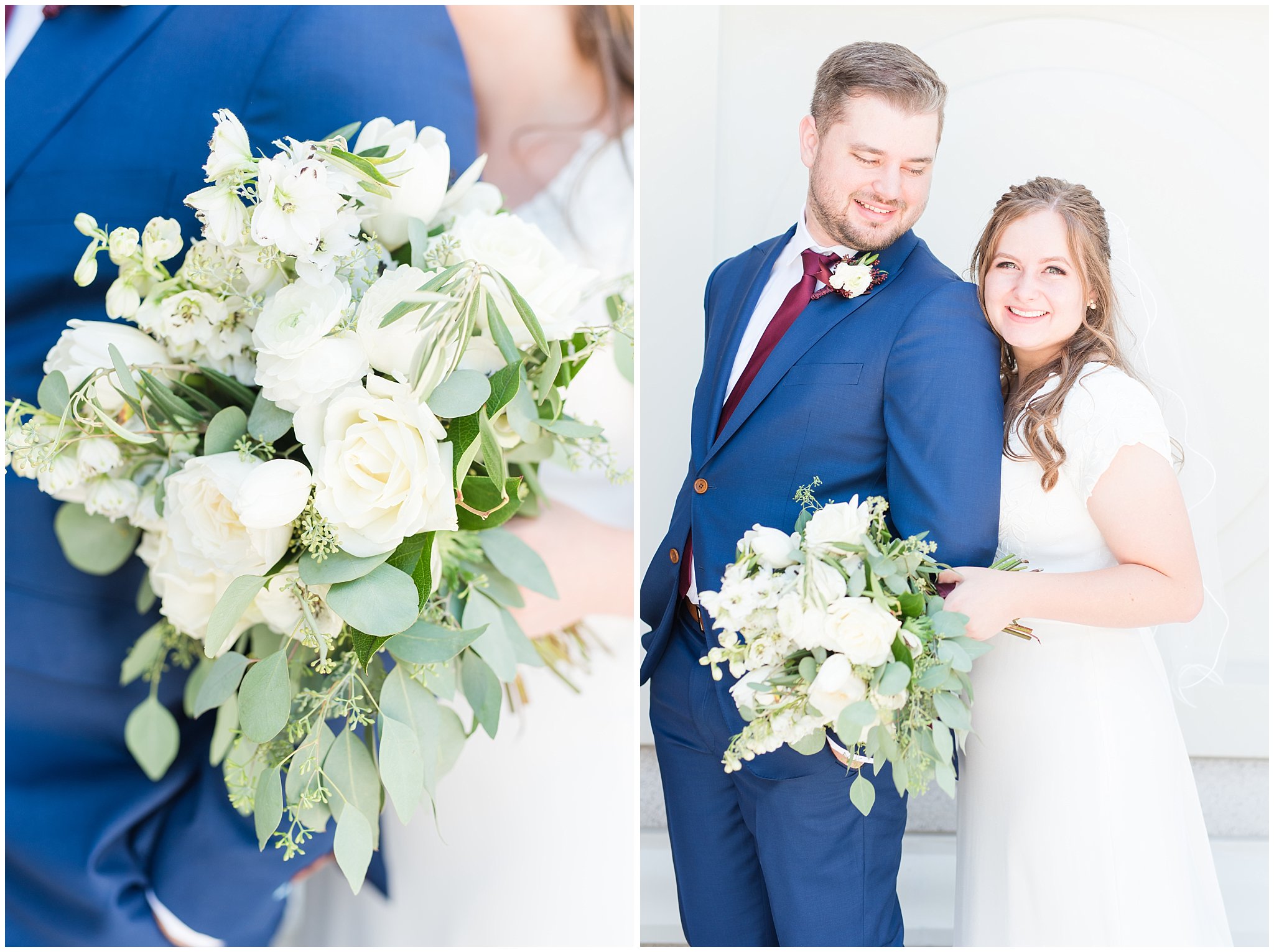 Bride in elegant lace dress, white anemones bouquet, and vintage veil and groom in navy suit with wine colored tie | Summer Bountiful Temple Wedding | Jessie and Dallin Photography