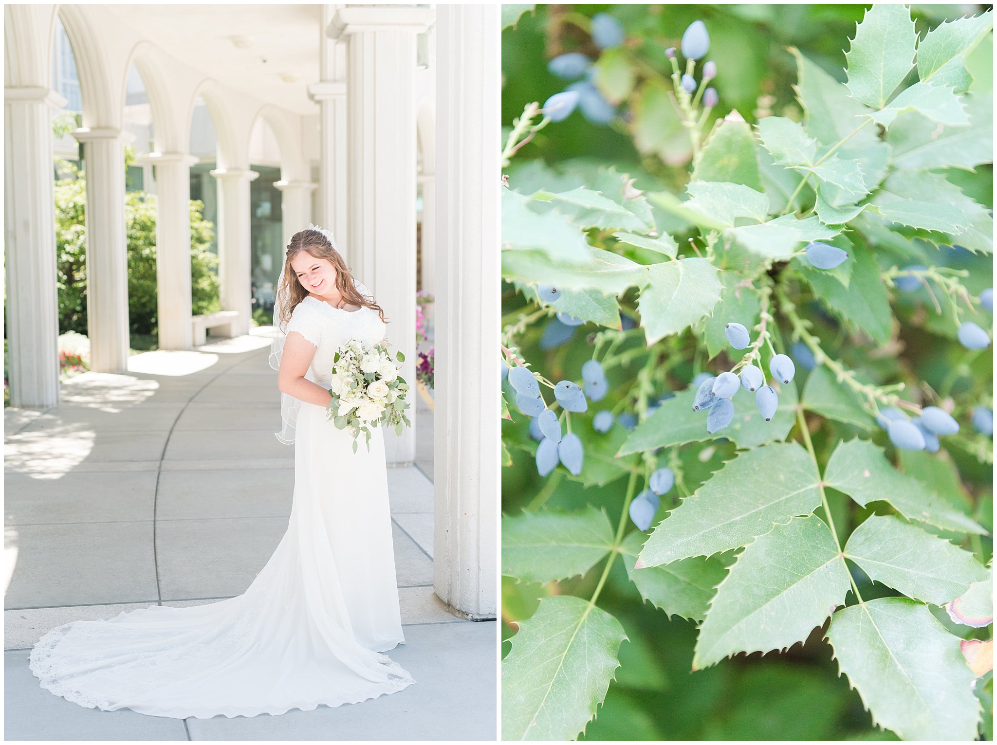 Bride in elegant lace dress, white anemones bouquet, and vintage veil | Summer Bountiful Temple Wedding | Jessie and Dallin Photography