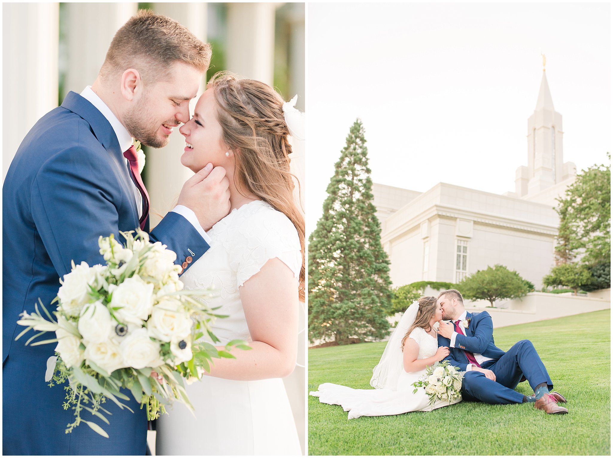 Bride in elegant lace dress, white anemones bouquet, and vintage veil and groom in navy suit with wine colored tie | Summer Bountiful Temple Wedding | Jessie and Dallin Photography