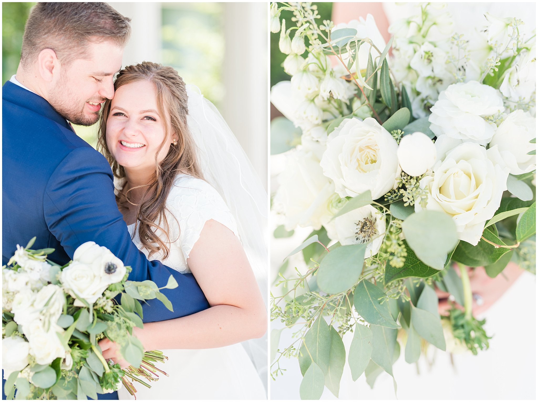 Bride in elegant lace dress, white anemones bouquet, and vintage veil and groom in navy suit with wine colored tie | Summer Bountiful Temple Wedding | Jessie and Dallin Photography