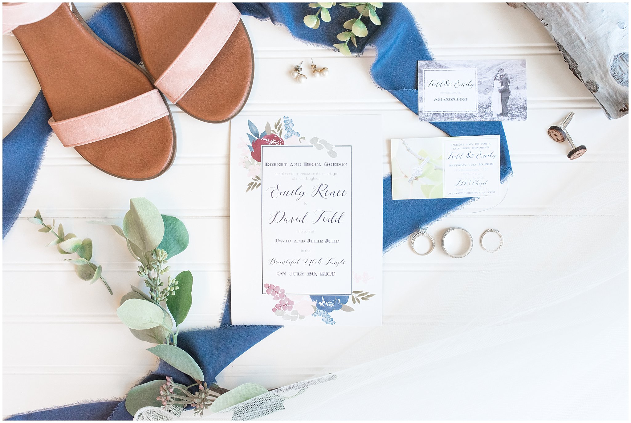 Wedding stationery and details in flat lay shot | Navy and wine wedding | Summer Bountiful Temple Wedding | Jessie and Dallin Photography