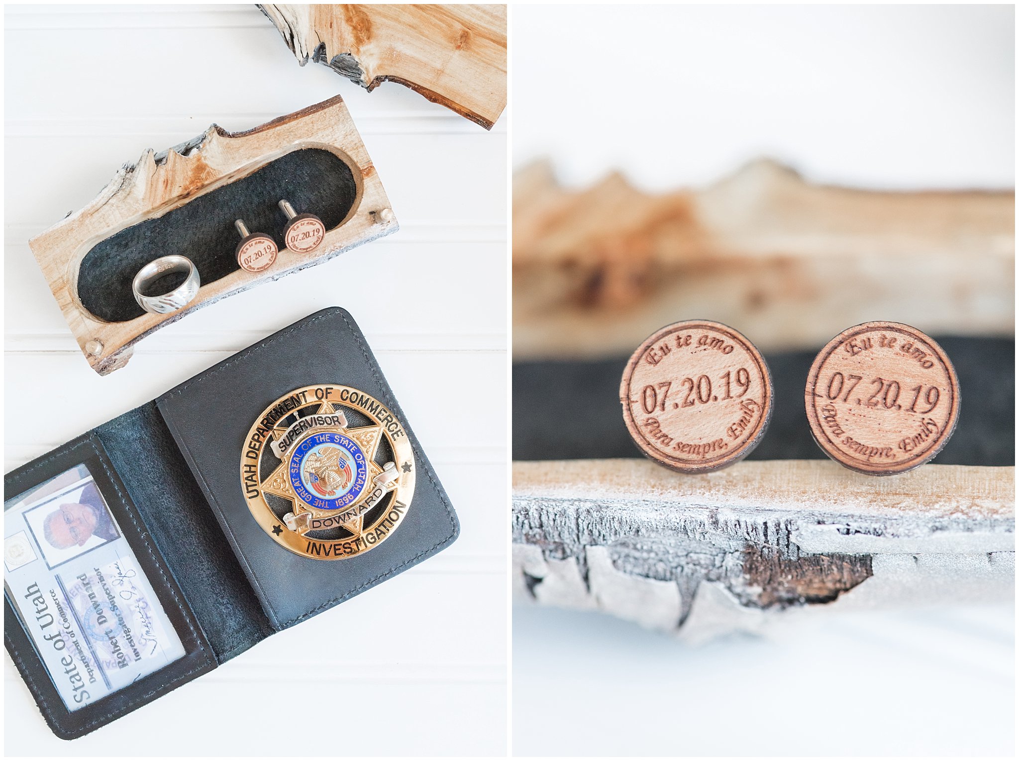 Wedding wooden engraved cufflinks, police badge, in flat lay shot | Navy and wine wedding | Summer Bountiful Temple Wedding | Jessie and Dallin Photography