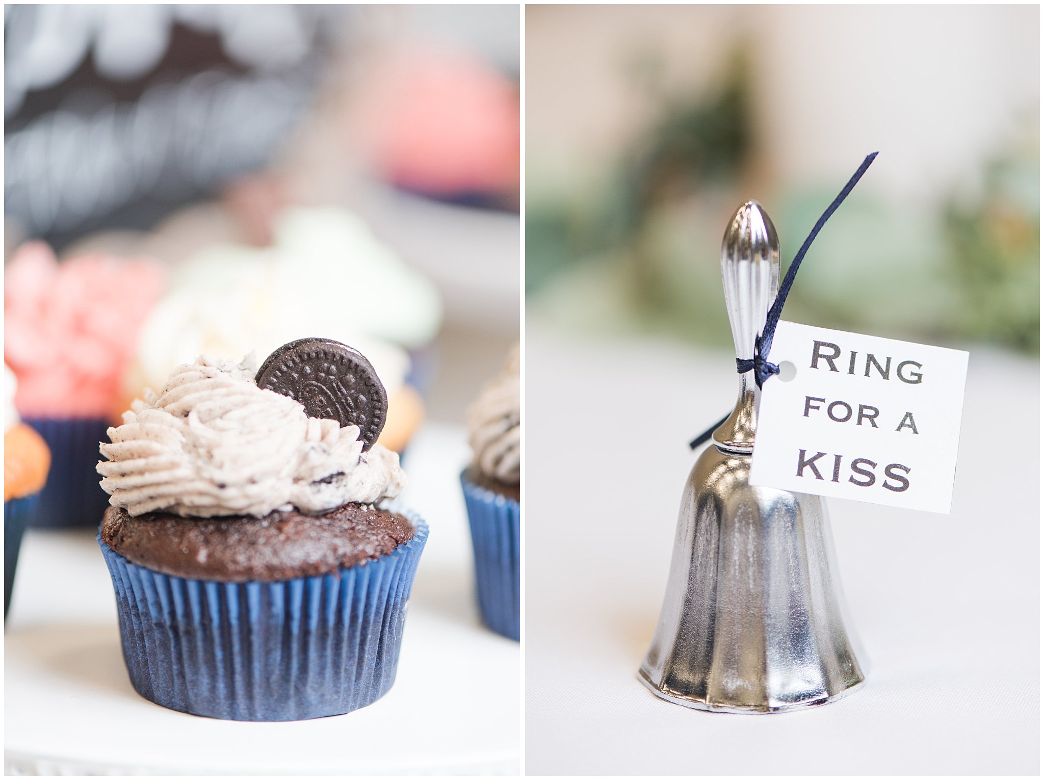 Reception details of cupcake and bell to ring | Navy and wine wedding | Summer Bountiful Temple Wedding | Jessie and Dallin Photography