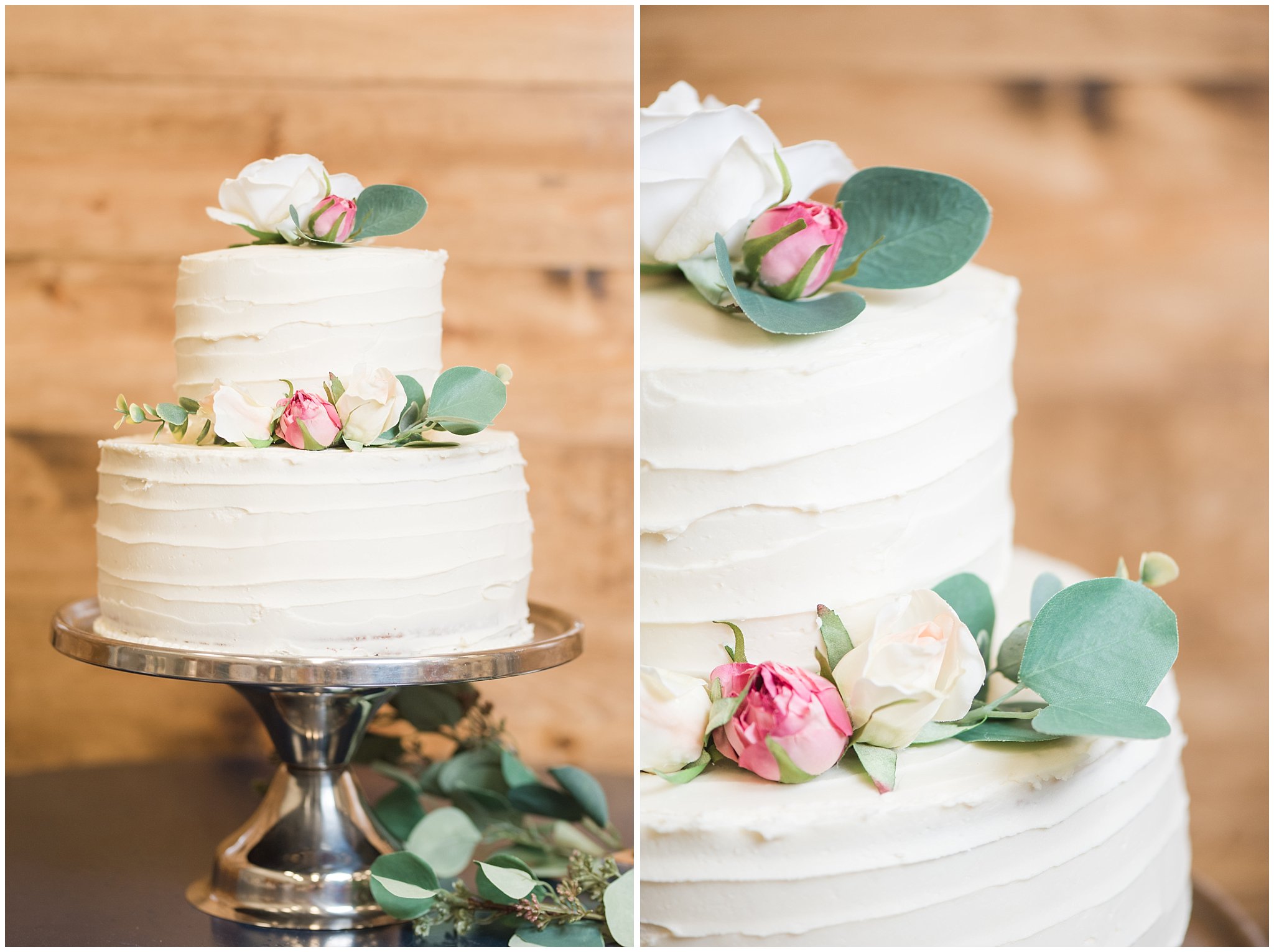 White wedding cake with wood backdrop | Navy and wine wedding | Summer Bountiful Temple Wedding | Jessie and Dallin Photography