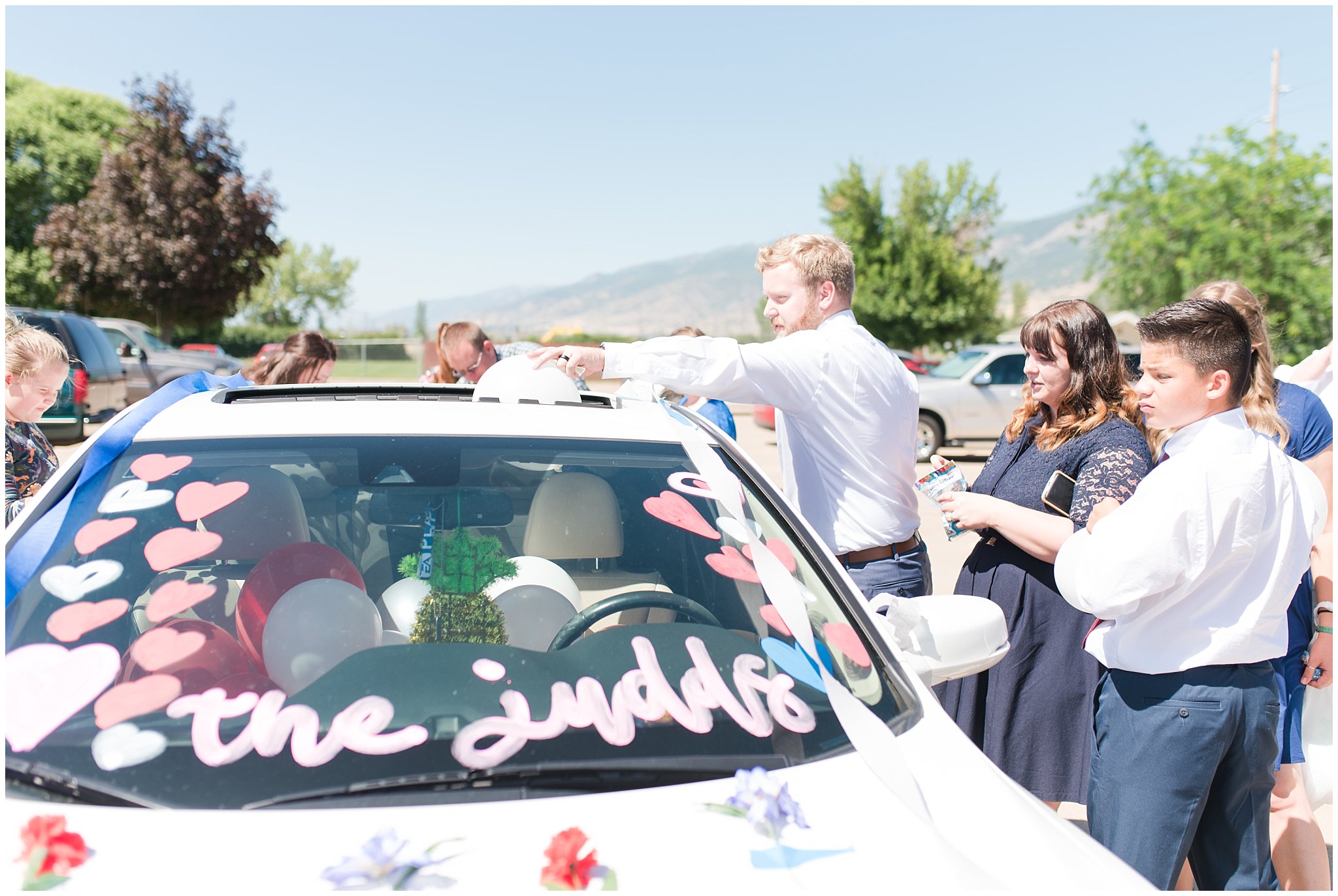 Friends trash car | Navy and wine wedding | Summer Bountiful Temple Wedding | Jessie and Dallin Photography