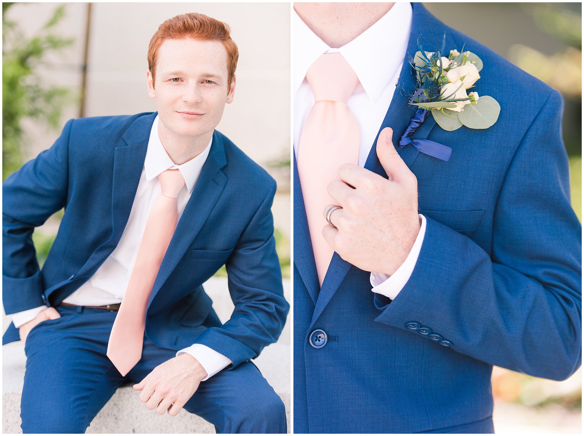 Bride and Groom portraits on wedding day | Groom wearing blue suit and blush tie | Bountiful Temple Wedding and Oak Hills Reception | Jessie and Dallin Photography