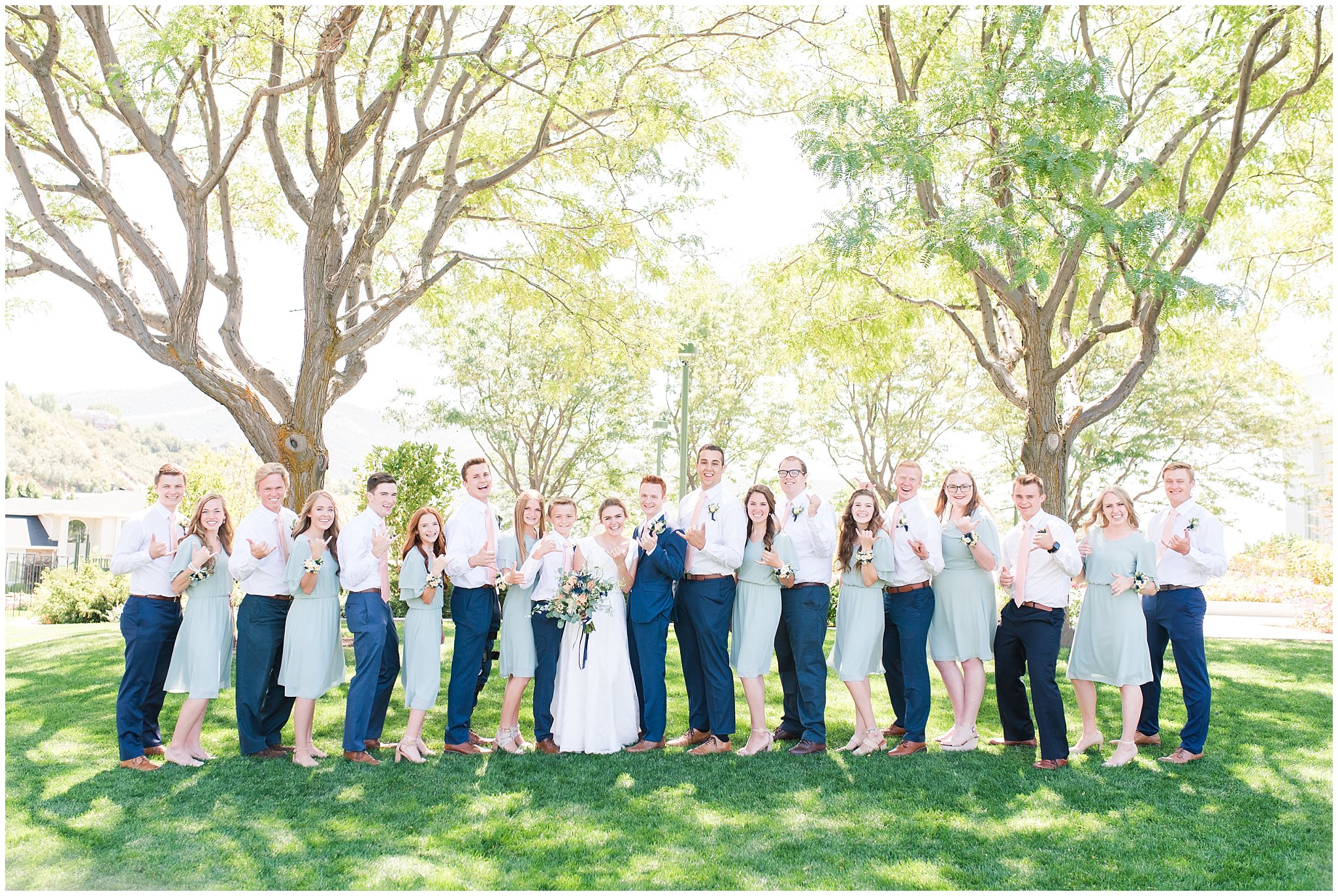 Bridal party of bridesmaids in sage dresses and groomsmen with blush ties | Bountiful Temple Wedding and Oak Hills Reception | Jessie and Dallin Photography