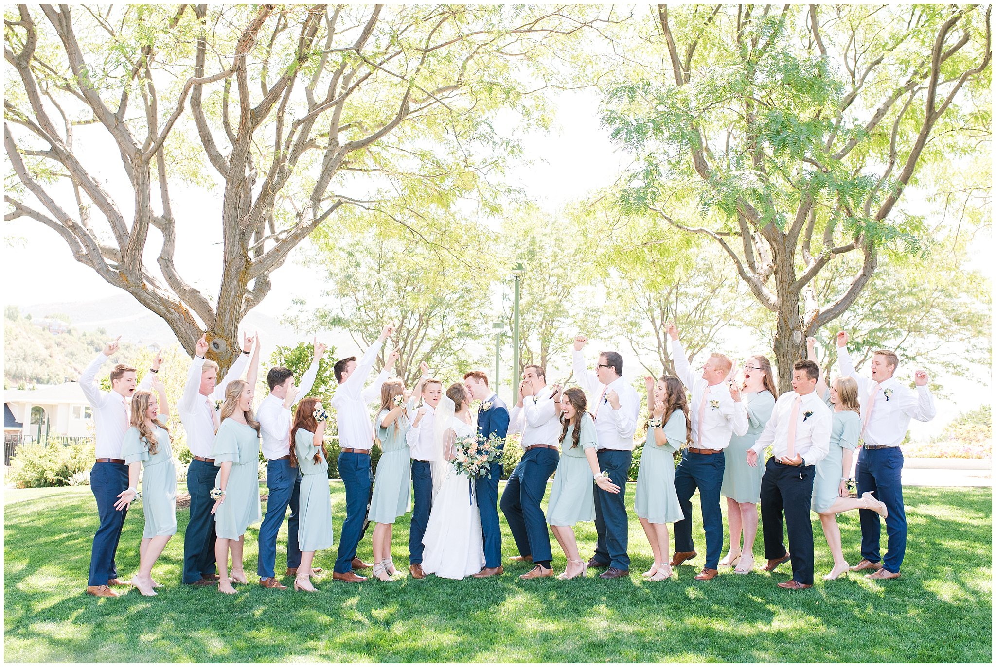 Bridal party of bridesmaids in sage dresses and groomsmen with blush ties | Bountiful Temple Wedding and Oak Hills Reception | Jessie and Dallin Photography