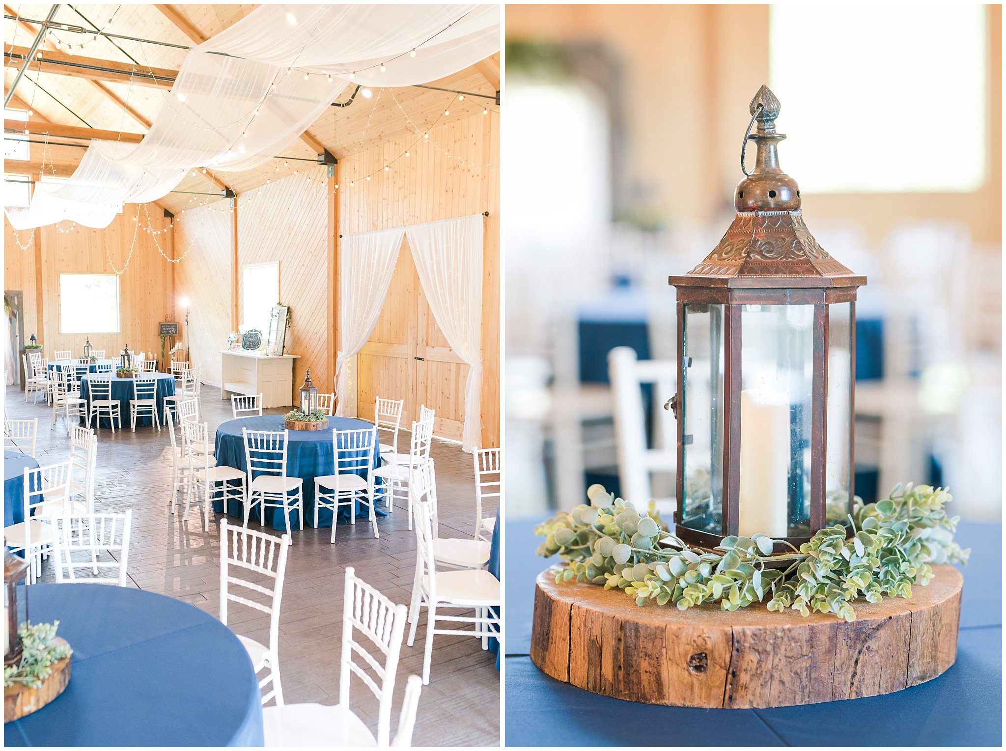 Table setup with navy table clothes and lanterns in a modern barn | Oak Hills Reception and Events Center | Jessie and Dallin Photography
