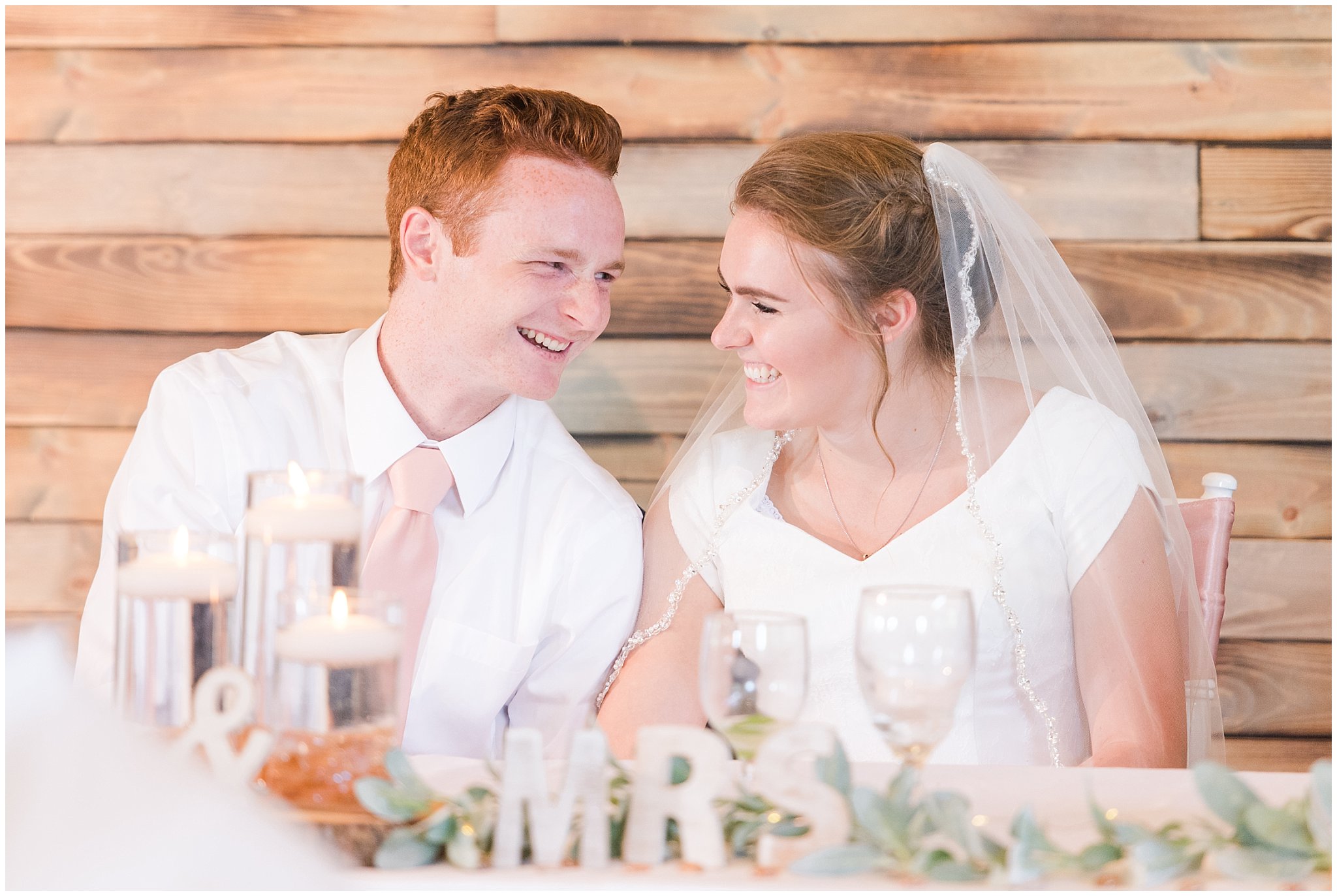 Bride and groom react during toasts | Oak Hills Reception and Events Center | Jessie and Dallin Photography