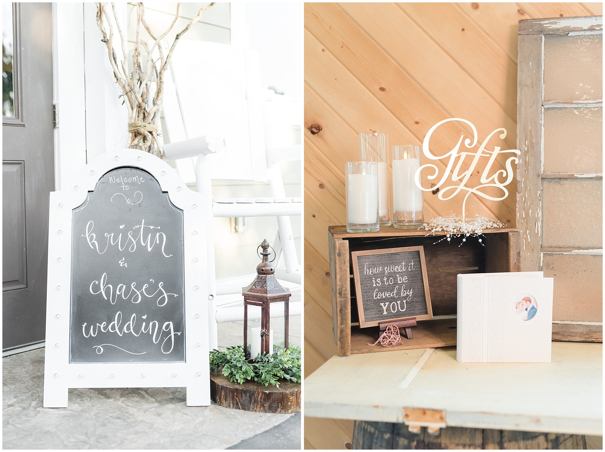 Chalk board welcome sign and rustic gift table | Oak Hills Reception and Events Center | Jessie and Dallin Photography