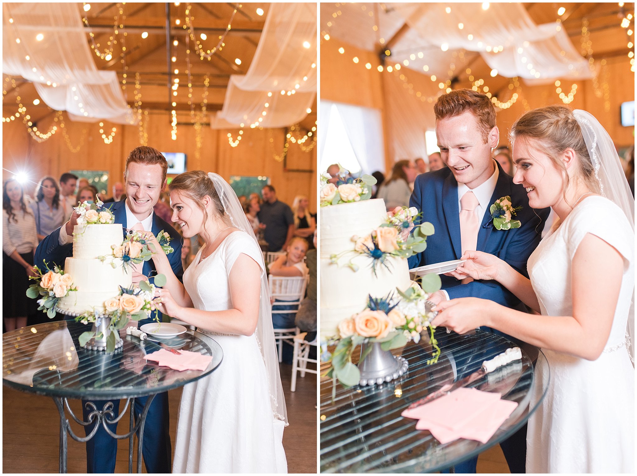 Bride and groom cut cake before cake smash | white three tier cake with roses and blue thistles | Oak Hills Reception and Events Center | Jessie and Dallin Photography