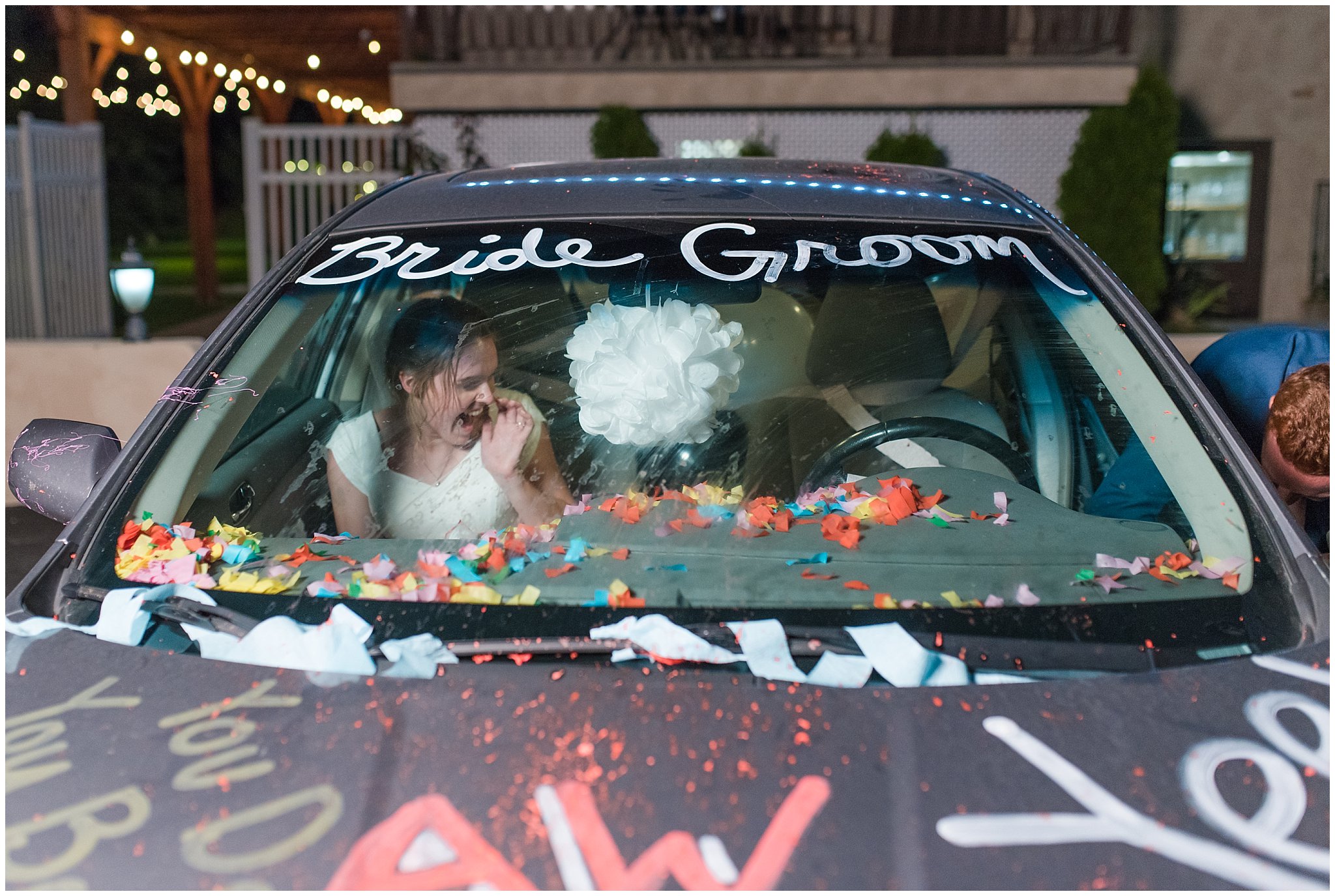 Trashed car at wedding reception sendoff | Oak Hills Reception and Events Center | Jessie and Dallin Photography
