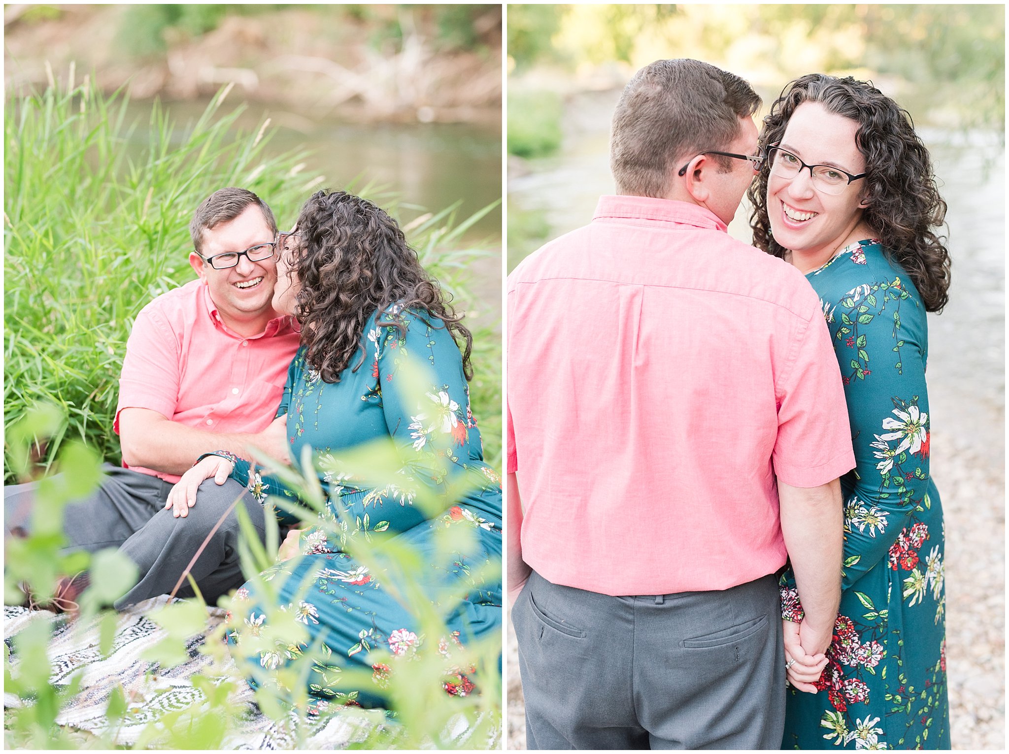 Couple in blue green floral dress and pink shirt by the Ogden river | Fort Buenaventura Summer Engagement Session | Jessie and Dallin Photography