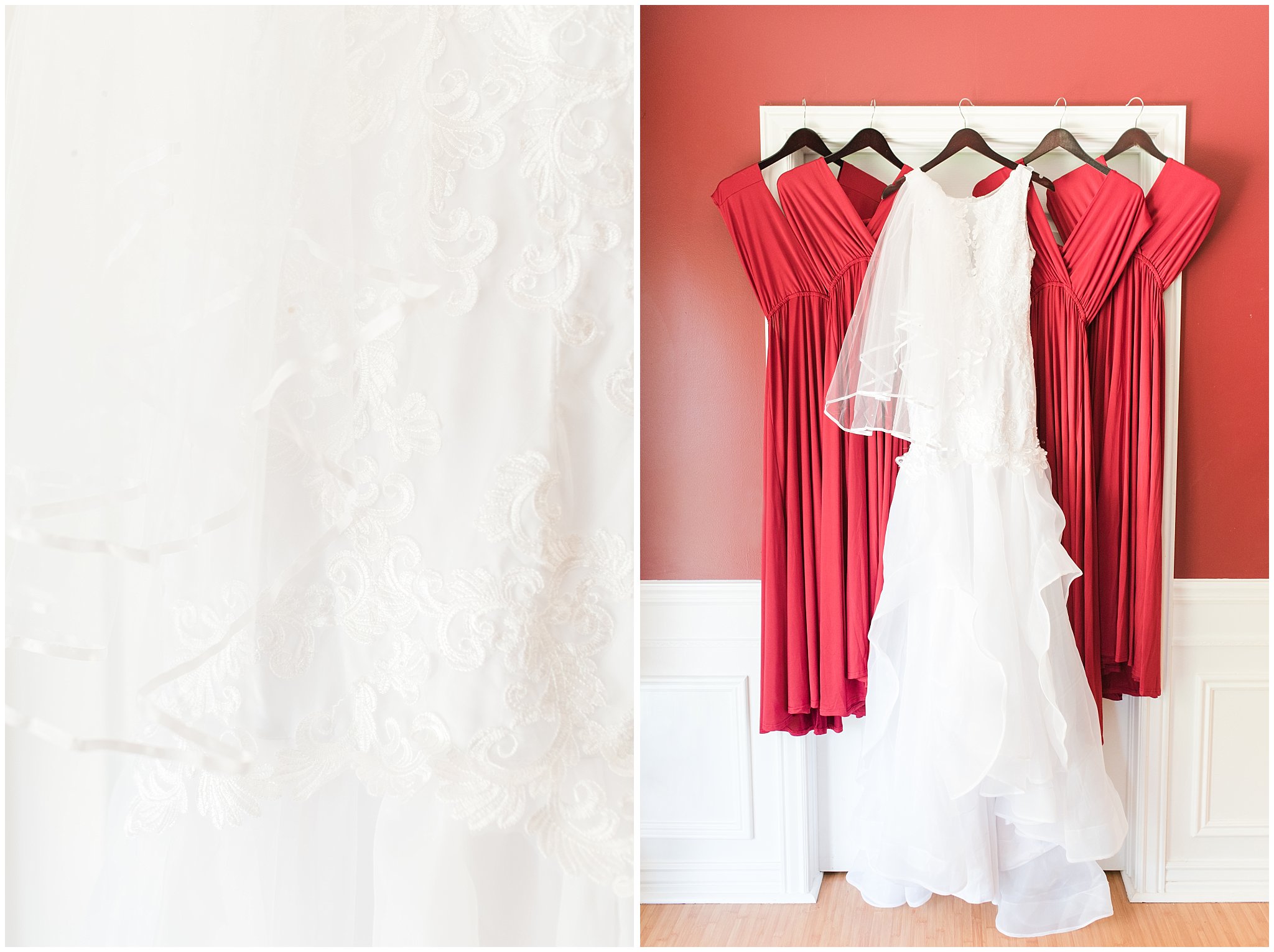 wedding dress and red bridesmaids dresses | Log Haven Summer Mountain Wedding | Jessie and Dallin Photography