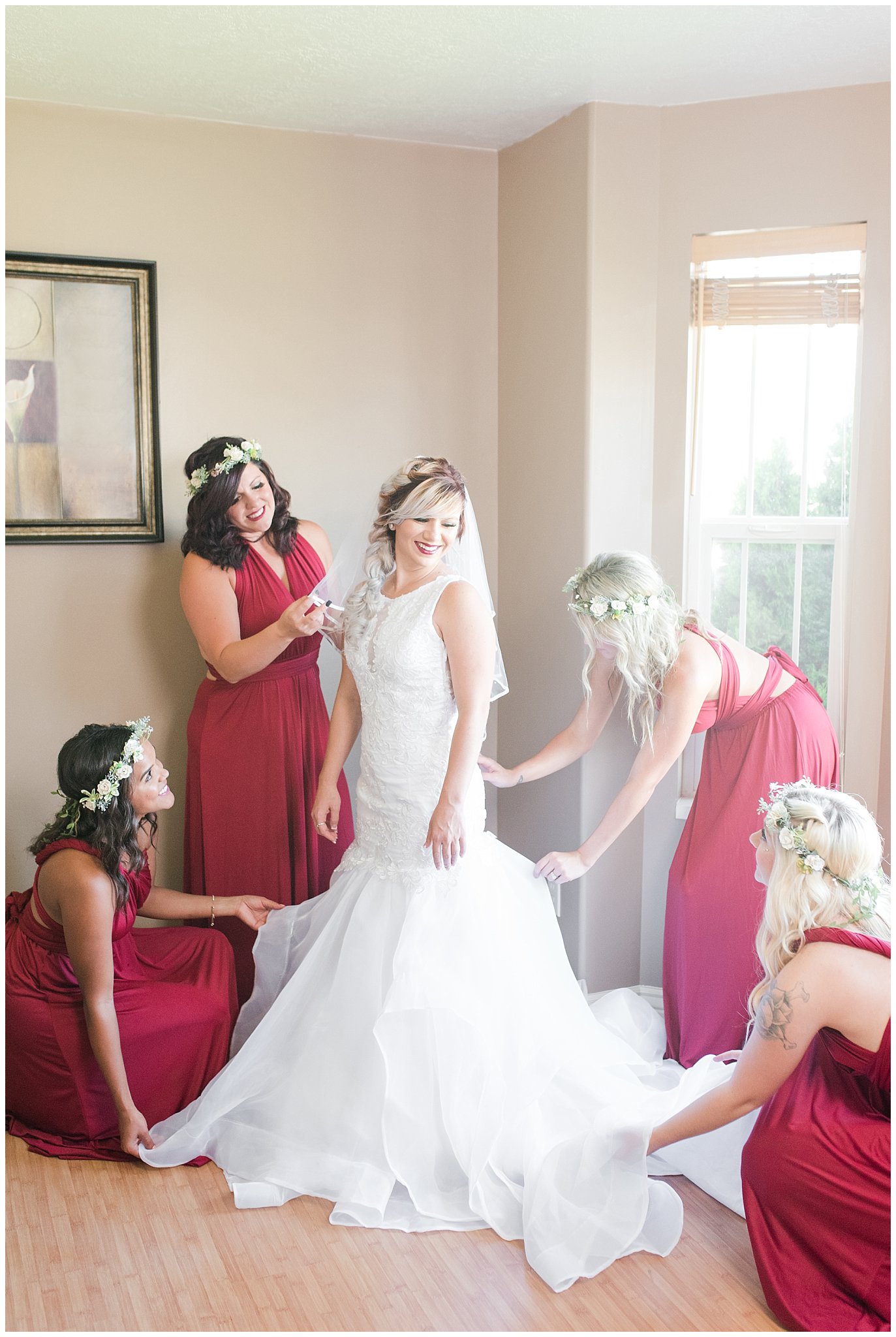 Bride getting ready with help of bridesmaids | Log Haven Summer Mountain Wedding | Jessie and Dallin Photography