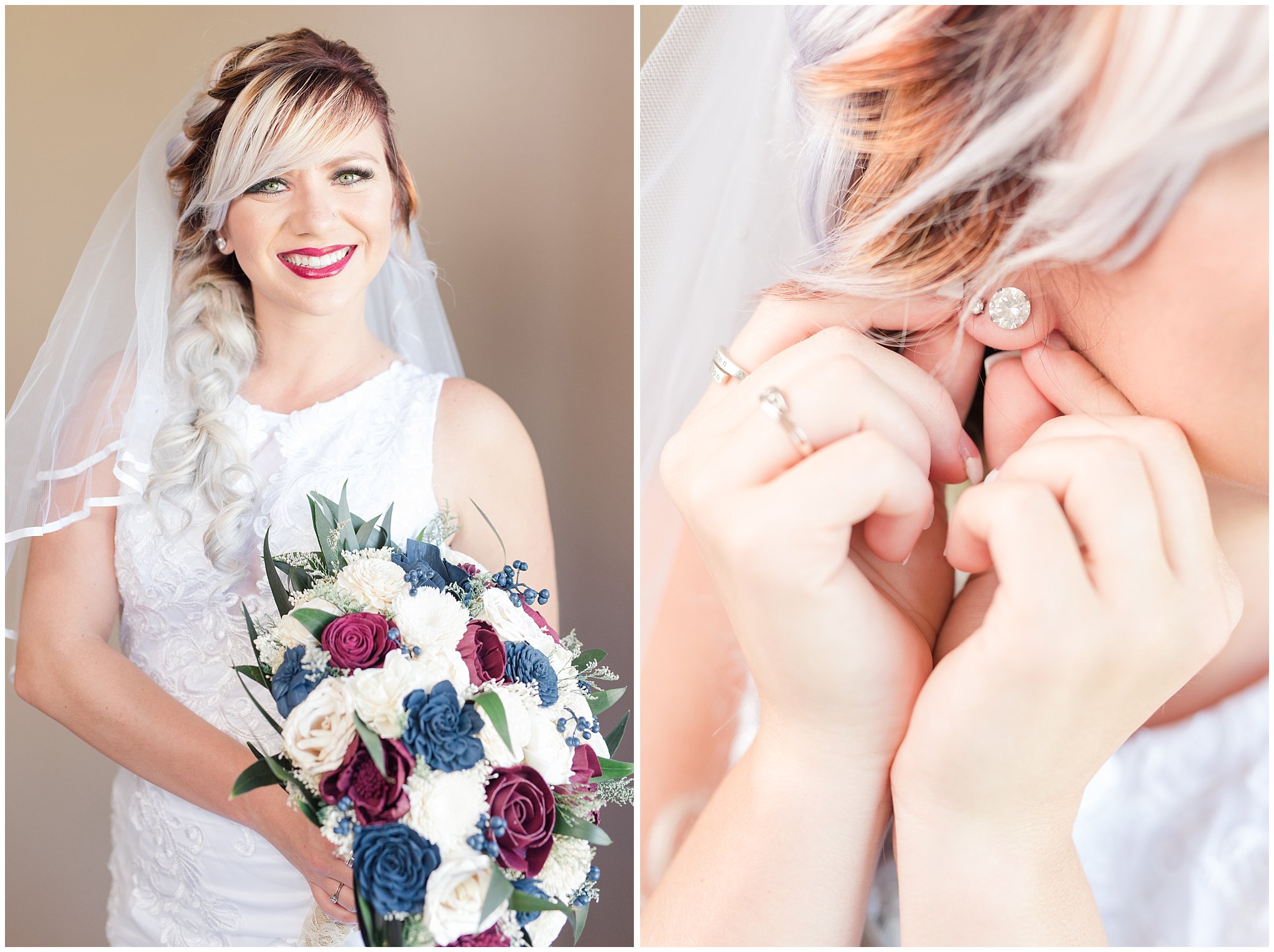 Bride getting ready and putting in earrings | Log Haven Summer Mountain Wedding | Jessie and Dallin Photography