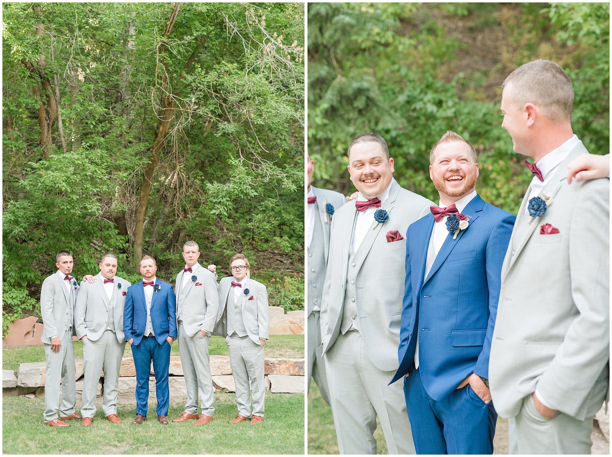 Groomsmen in grey suits and groom in cornish blue suit with burgundy bow ties | Log Haven Summer Mountain Wedding | Jessie and Dallin Photography