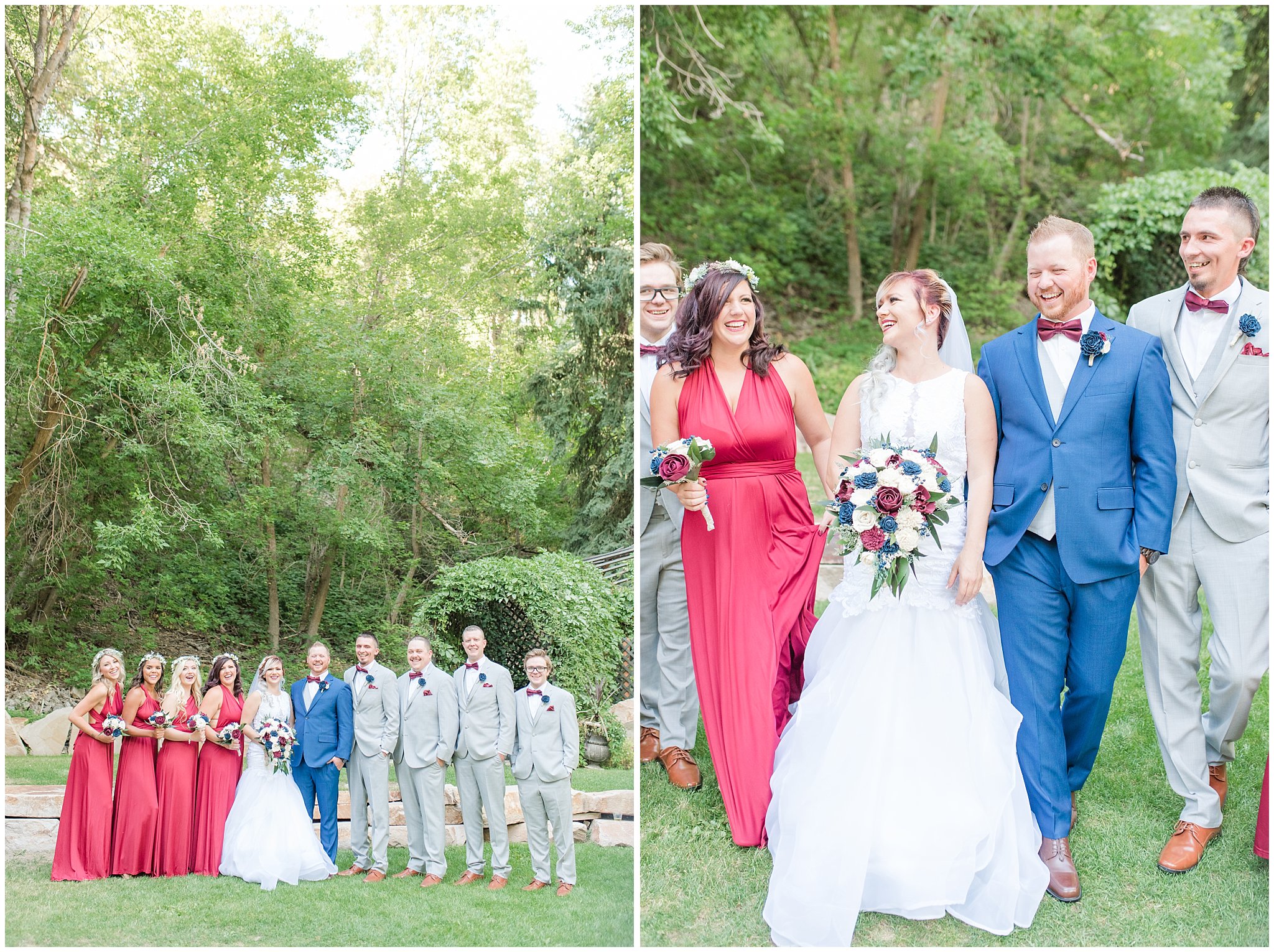 Bridal party with bridesmaids in burgundy dresses and groomsmen in grey suits and groom in cornish blue suit with burgundy bow ties | Log Haven Summer Mountain Wedding | Jessie and Dallin Photography