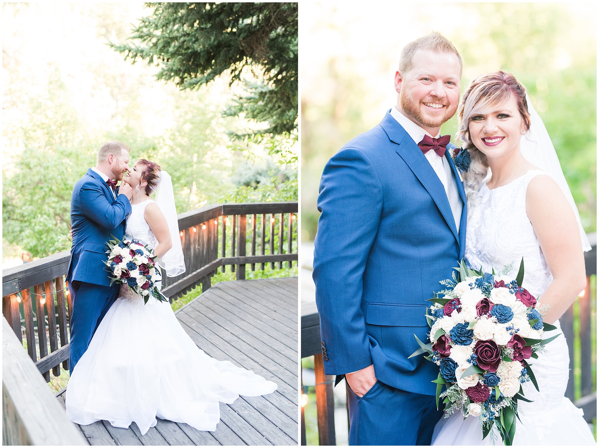 Bride in lace mermaid dress and wooden bouquet, groom in Cornish blue suit and burgundy bow tie portraits on wedding day | Log Haven Summer Mountain Wedding | Jessie and Dallin Photography