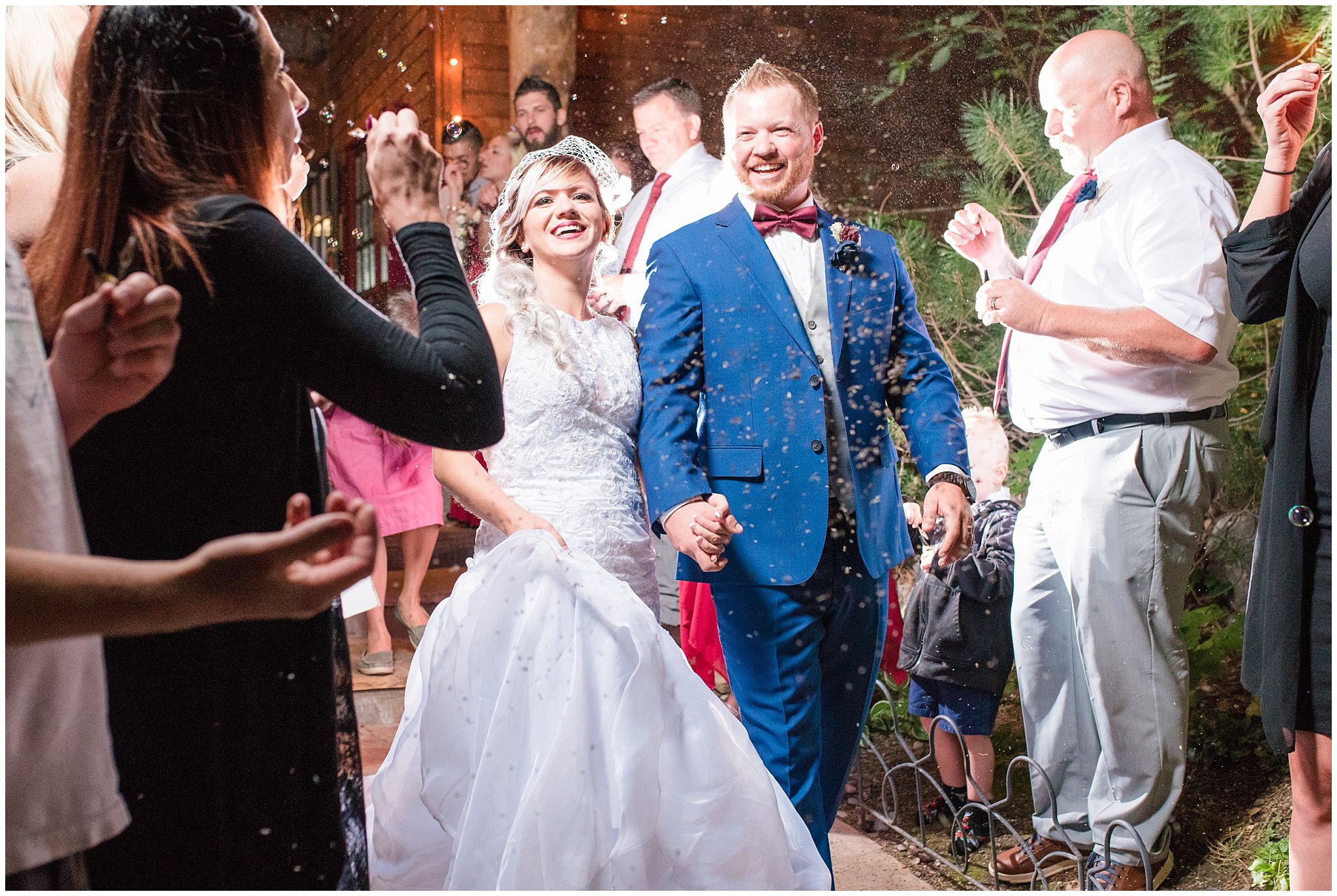 Bride and groom wedding exit sendoff with bubbles and lavender buds | Log Haven Summer Mountain Wedding | Jessie and Dallin Photography