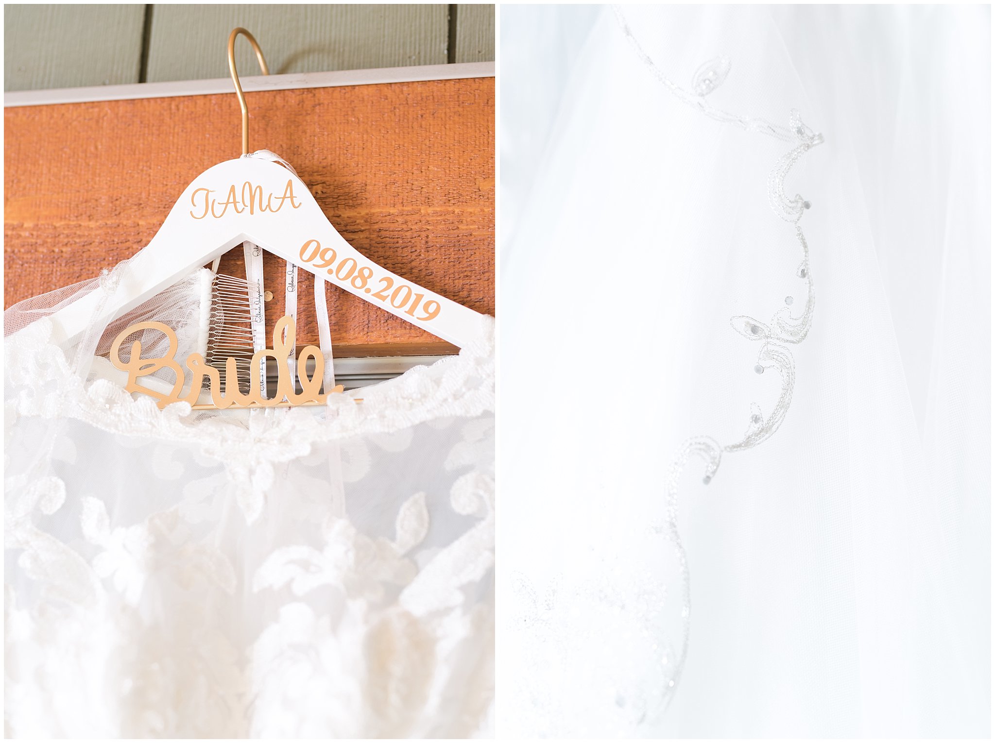 Wedding dress hanging with custom hanger | Park City Wedding at the Hyatt Centric | Jessie and Dallin Photography