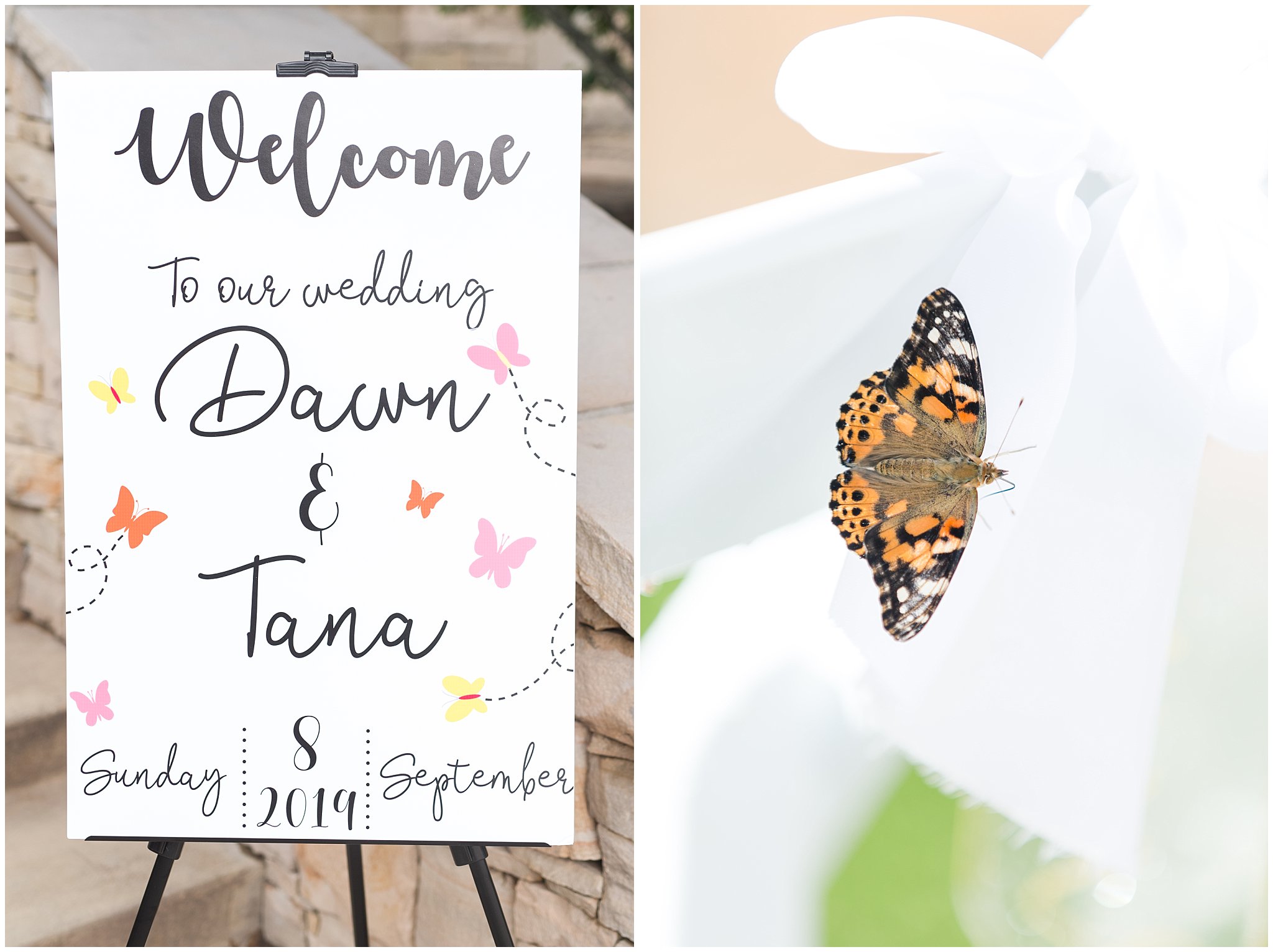 Ceremony site sign and butterfly on chair | Park City Wedding at the Hyatt Centric | Jessie and Dallin Photography