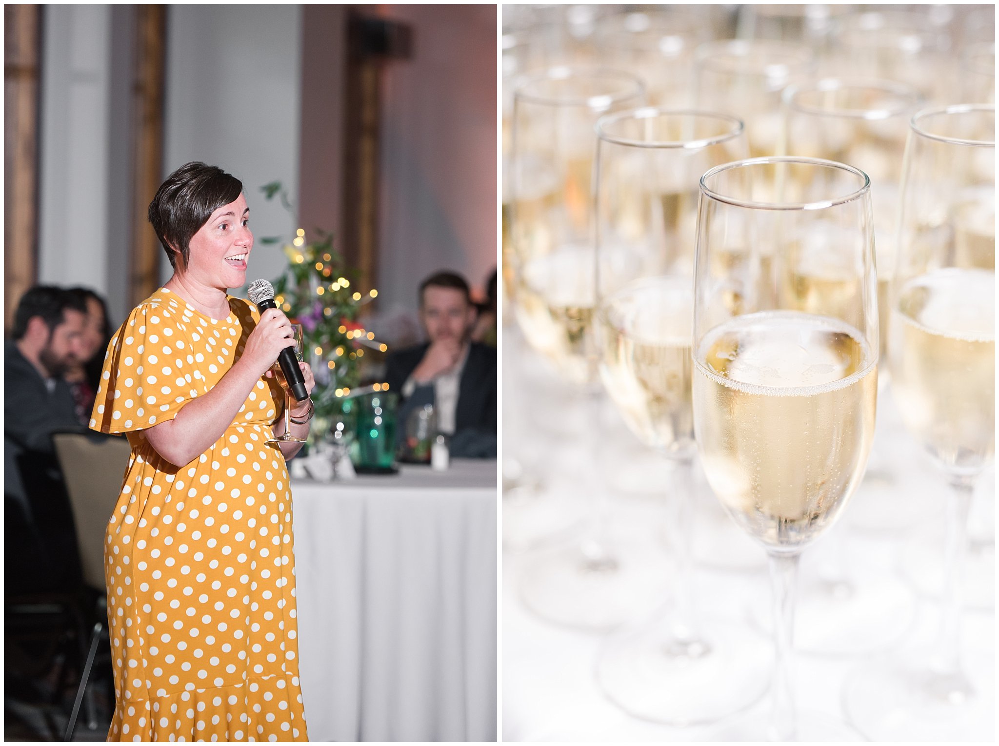 Toasts during wedding dinner and champagne glasses | Park City Wedding at the Hyatt Centric | Jessie and Dallin Photography