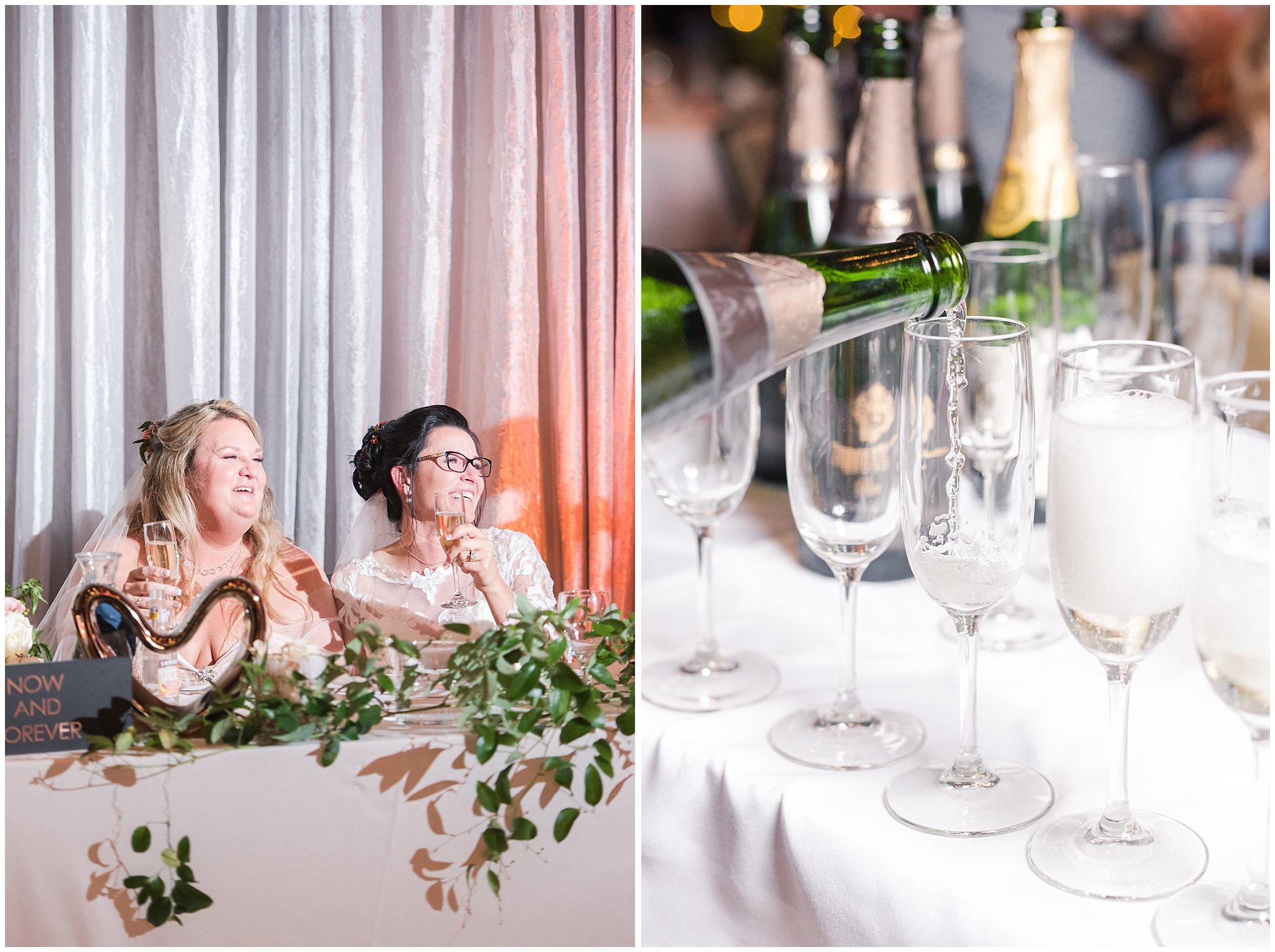 Toasts during wedding dinner and champagne glasses | Park City Wedding at the Hyatt Centric | Jessie and Dallin Photography