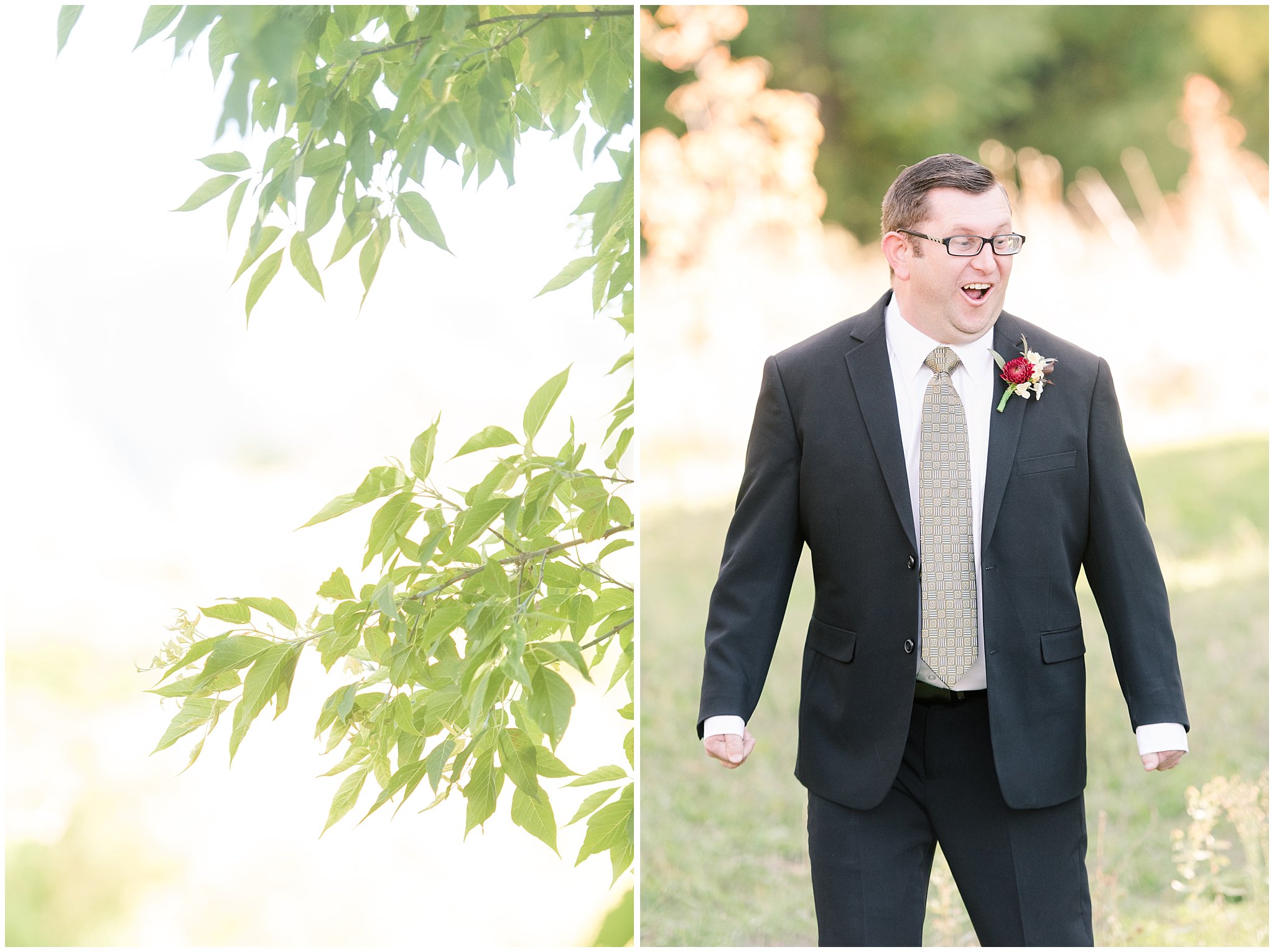 Groom's awesome reaction during first look | Logan Temple Fall Formal Session | Jessie and Dallin Photography