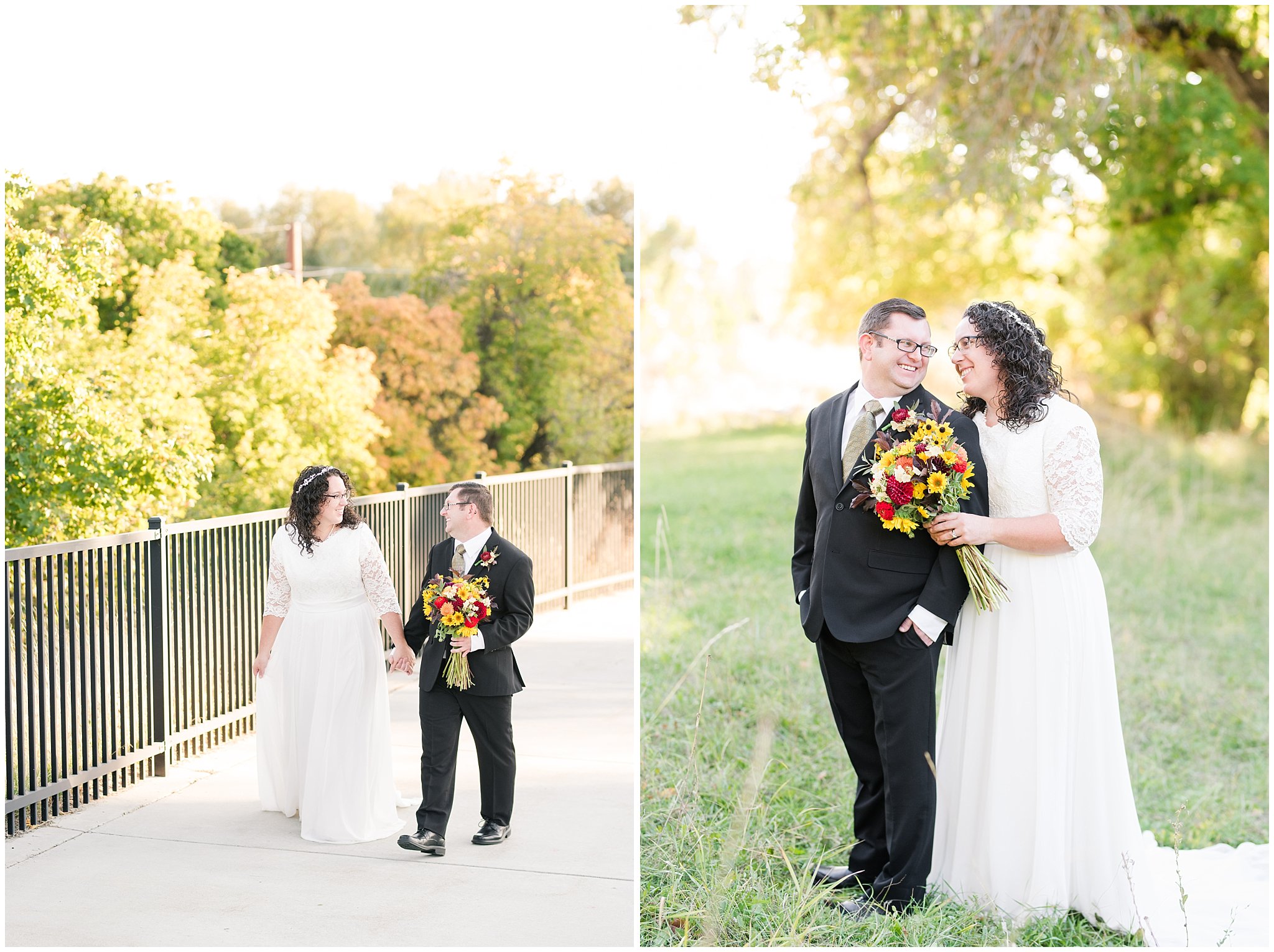 Groom in black suit and gold tie, bride in simple lace sleeve wedding dress with fall bouquet at Denzil Stewart Nature Park | Logan Temple Fall Formal Session | Jessie and Dallin Photography