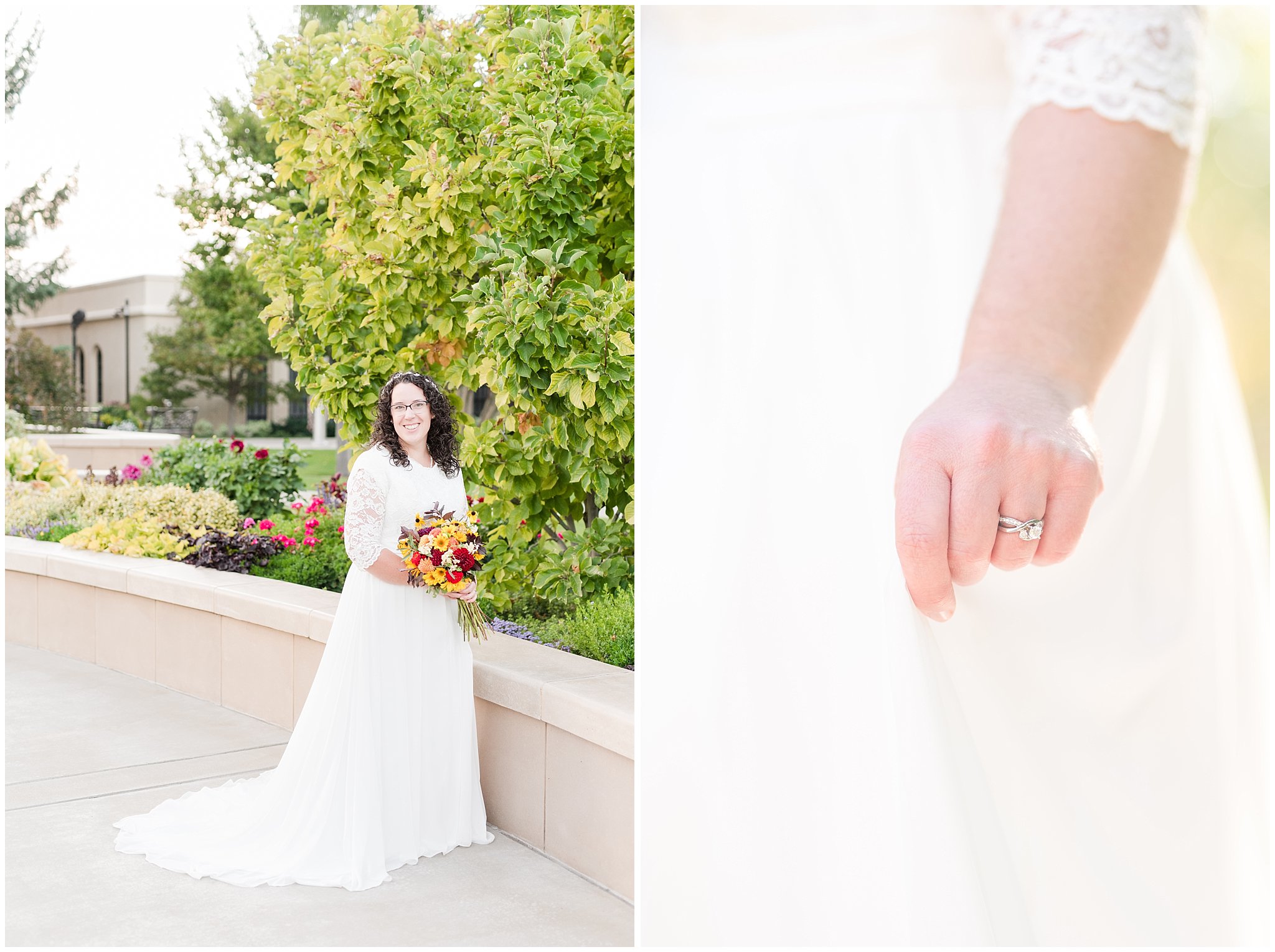 GroomBride in simple lace sleeve wedding dress with fall bouquet | Logan Temple Fall Formal Session | Jessie and Dallin Photography